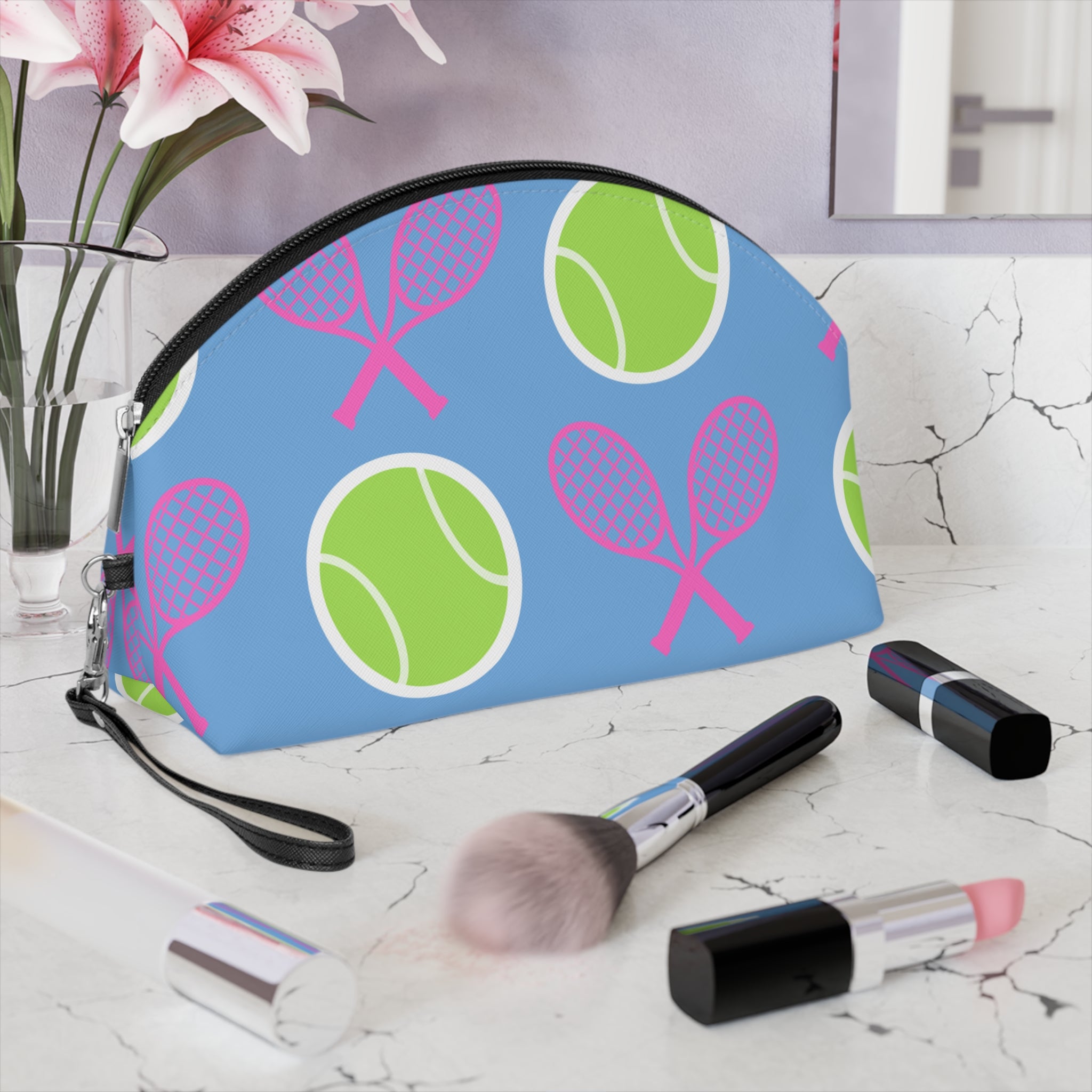 Tennis Makeup Bag — Light blue/Pink/Yellow Tennis Ball & Racket Cosmetic Pouch for Players