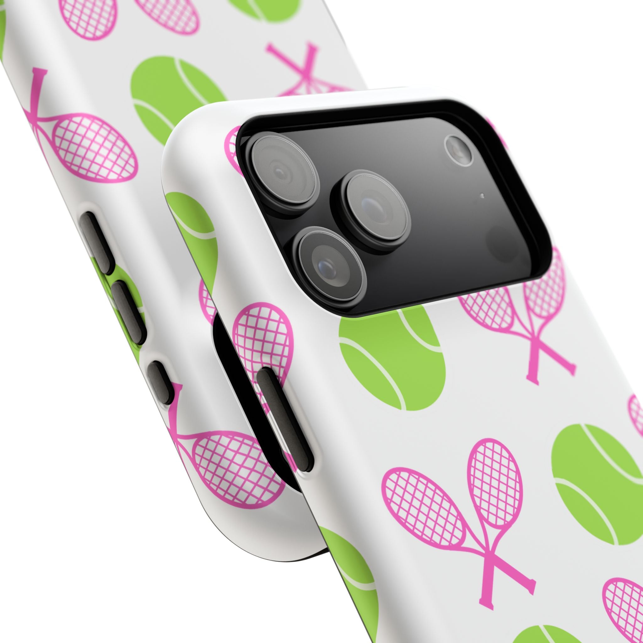 Tennis Pattern Impact-Resistant Phone Case — Pink Rackets & Green Balls