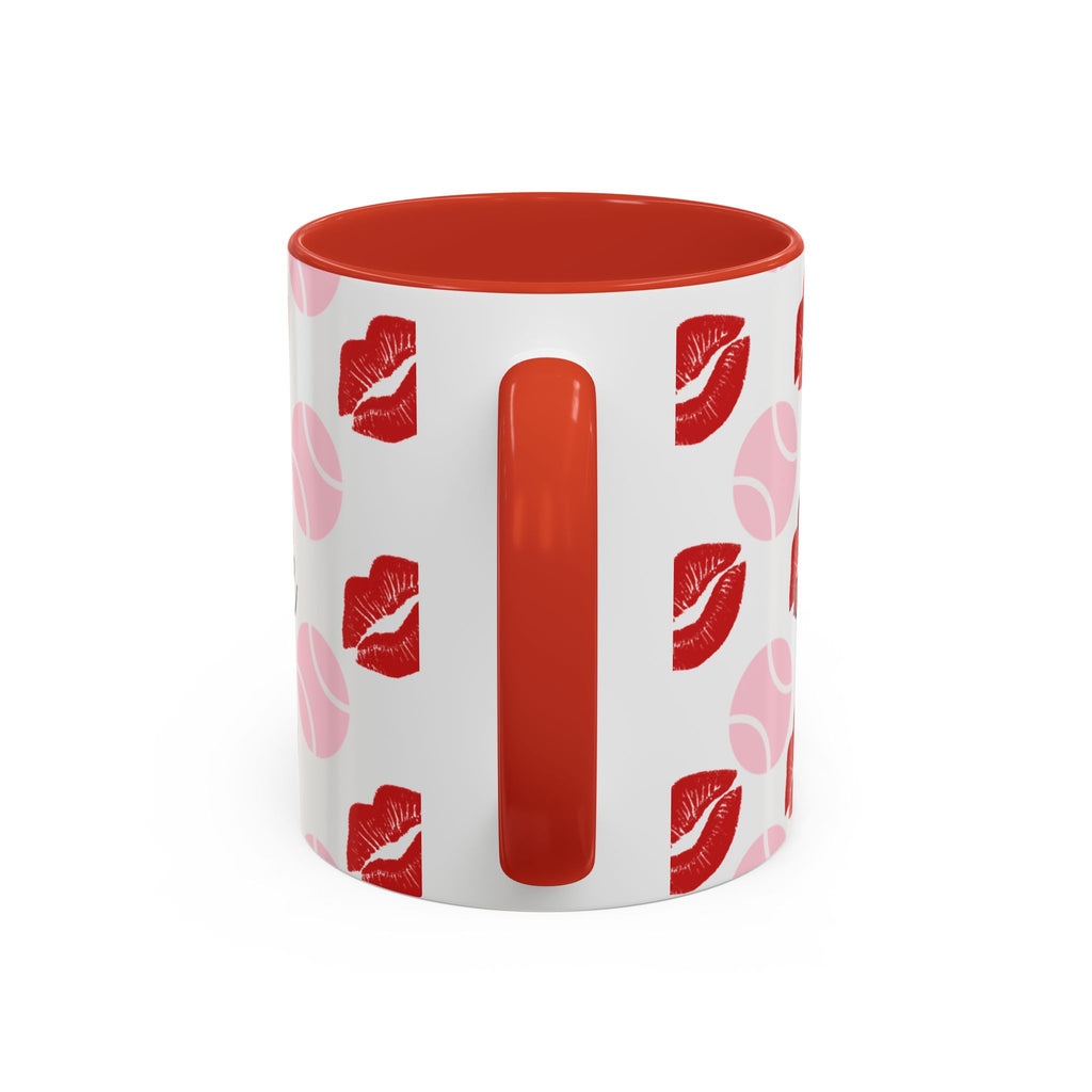 Tennis Kiss Accent Coffee Mug — 'Tennis mi amore' Pink Lip & Ball Pattern (11/15oz)