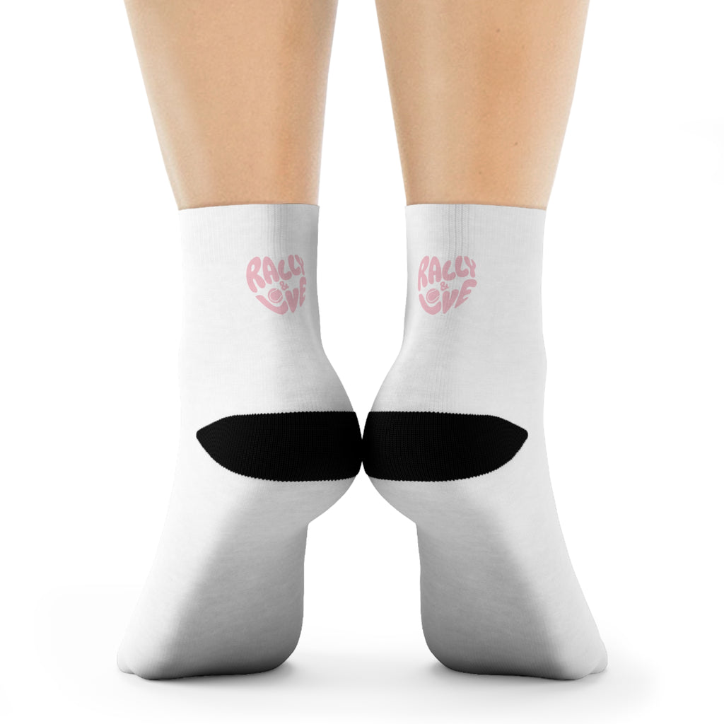 Women's Socks — White/'Rally & Love' Pink Heart Graphic Cotton Crew Socks