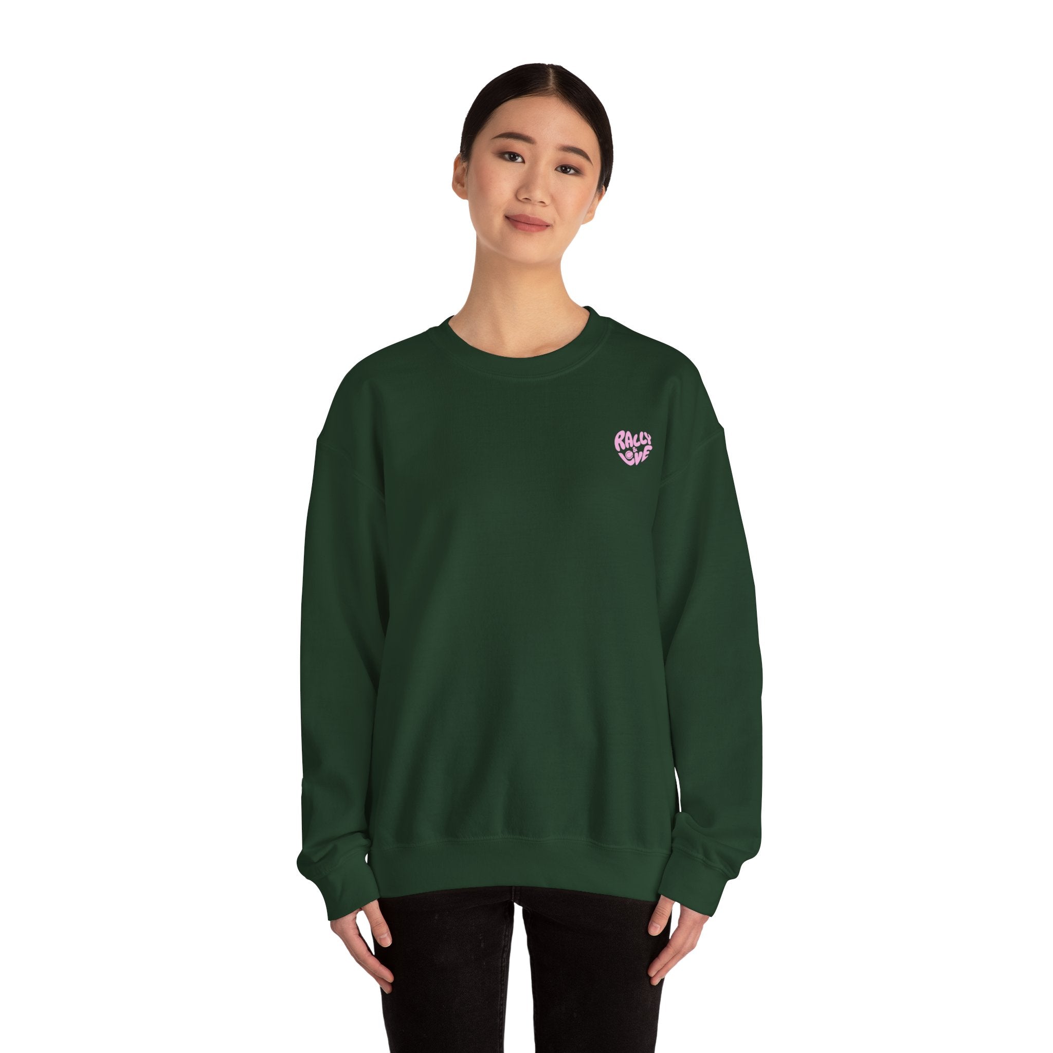 Women's Crewneck Sweatshirt — "Rally & Love" logo Chest Sweatshirt (bubblegum pink)
