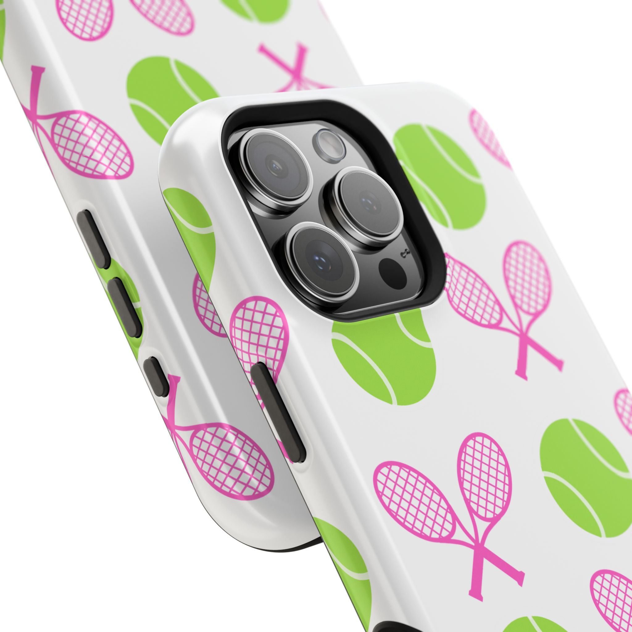 Tennis Pattern Impact-Resistant Phone Case — Pink Rackets & Green Balls