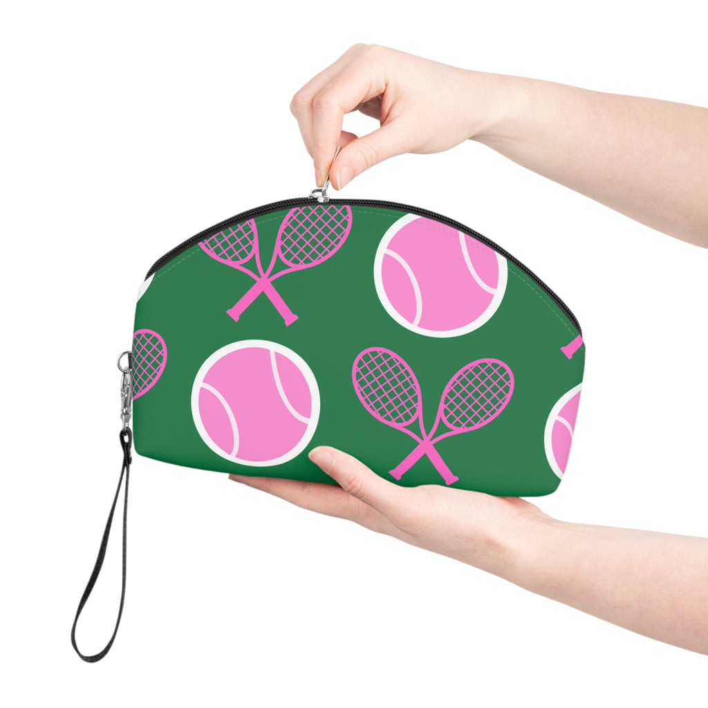 Tennis Makeup Bag — Green/Pink Tennis Ball & Racket Cosmetic Pouch for Players