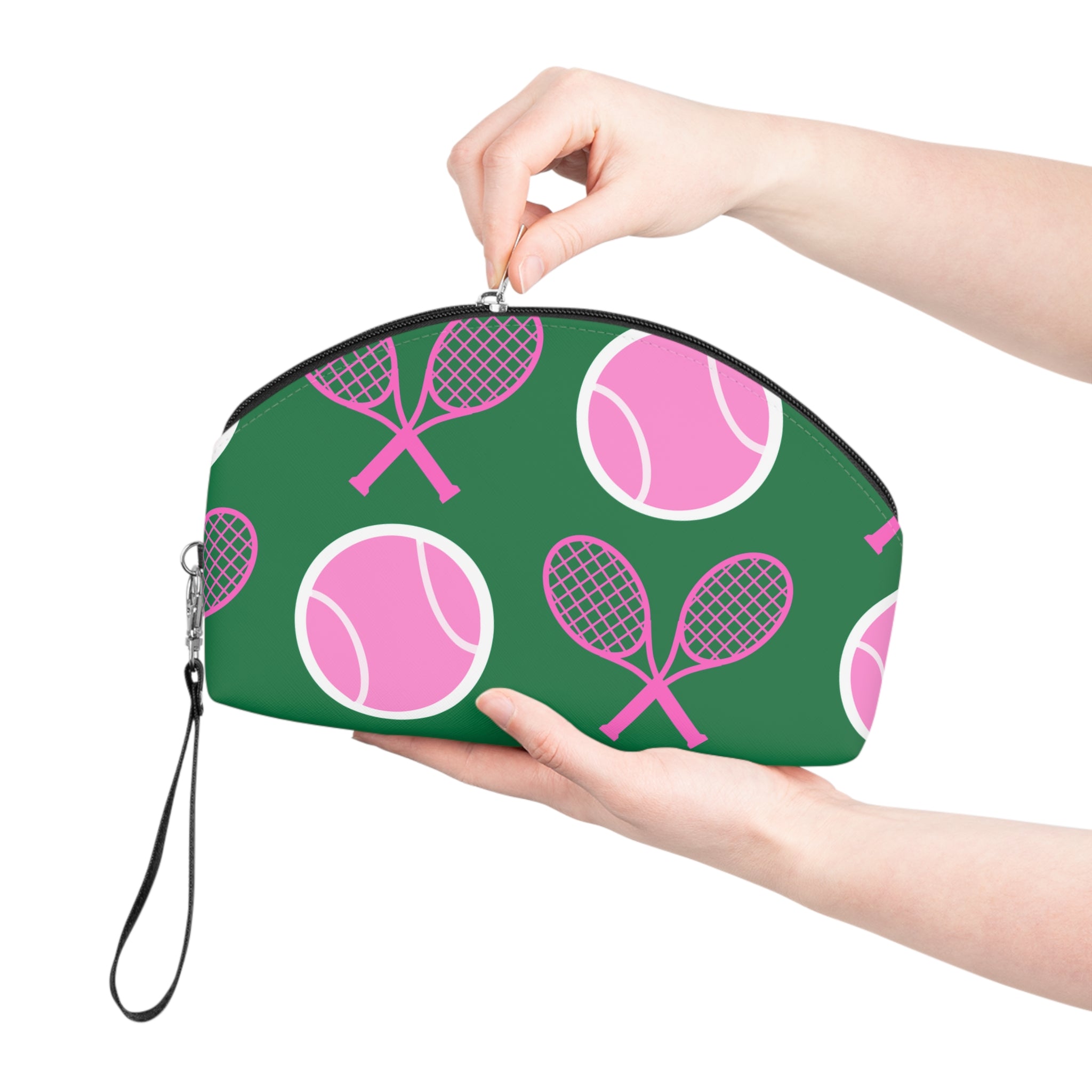 Tennis Makeup Bag — Green/Pink Tennis Ball & Racket Cosmetic Pouch for Players
