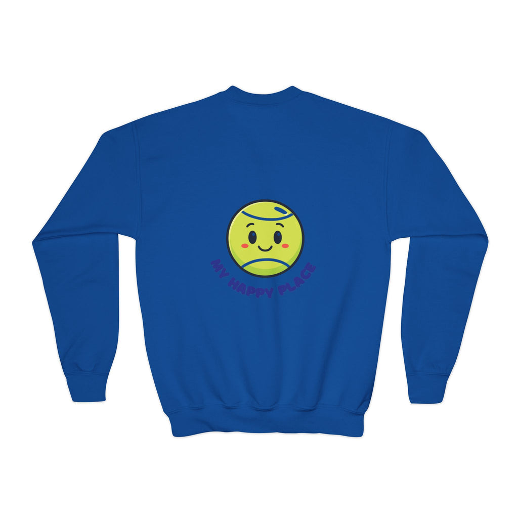 Boy's Junior Tennis Crewneck Sweatshirt — Cute Smiling Tennis Ball "My Happy Place"