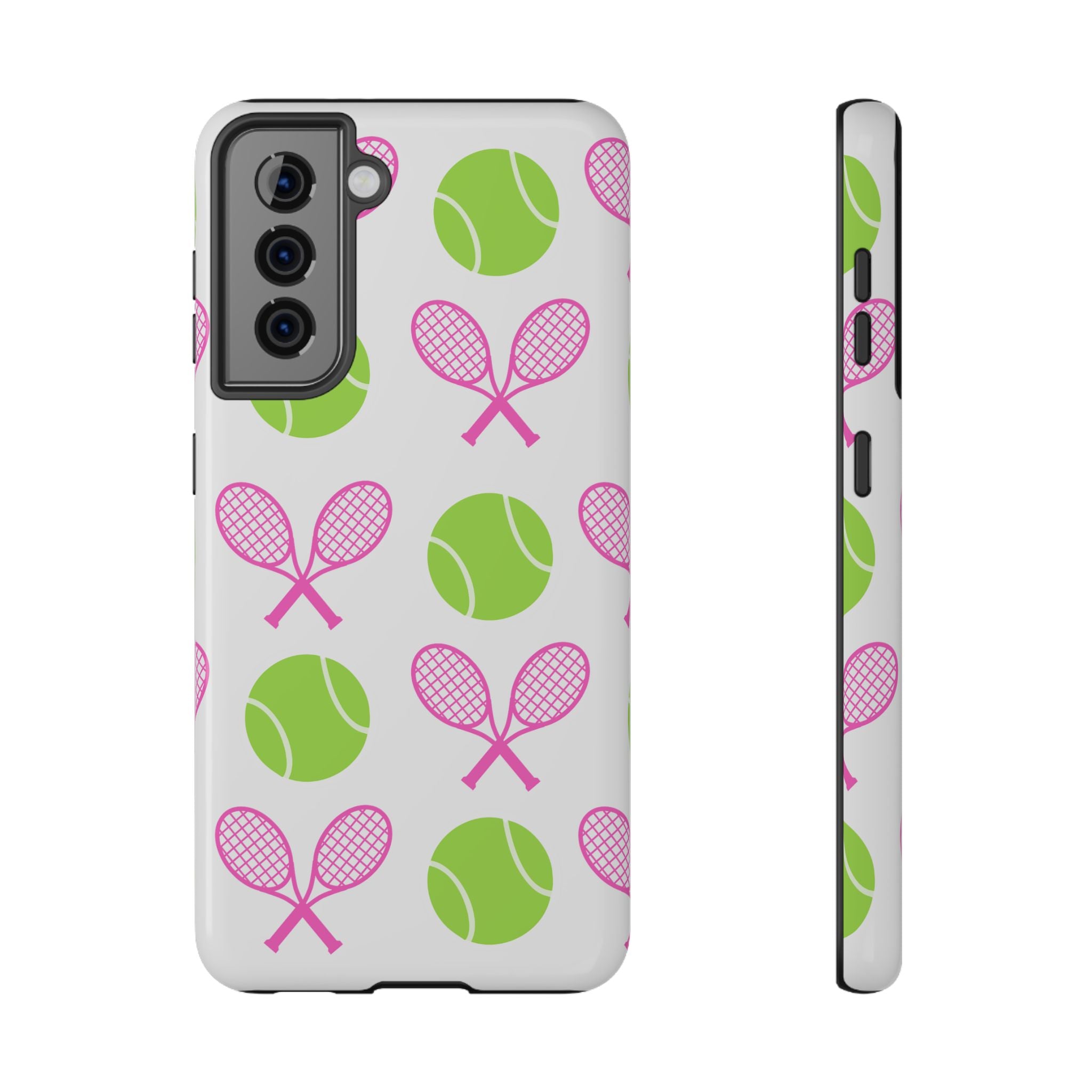 Tennis Pattern Impact-Resistant Phone Case — Pink Rackets & Green Balls