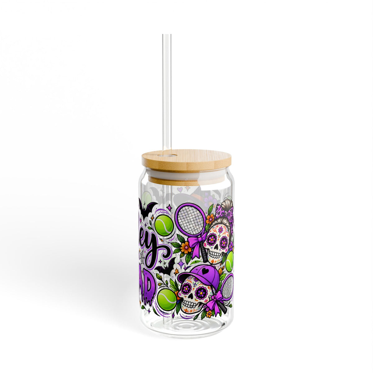 Halloween Sugar Skull Tennis Sipper Glass 16oz - 'Volley of the Dead' Halloween Sugar Skull