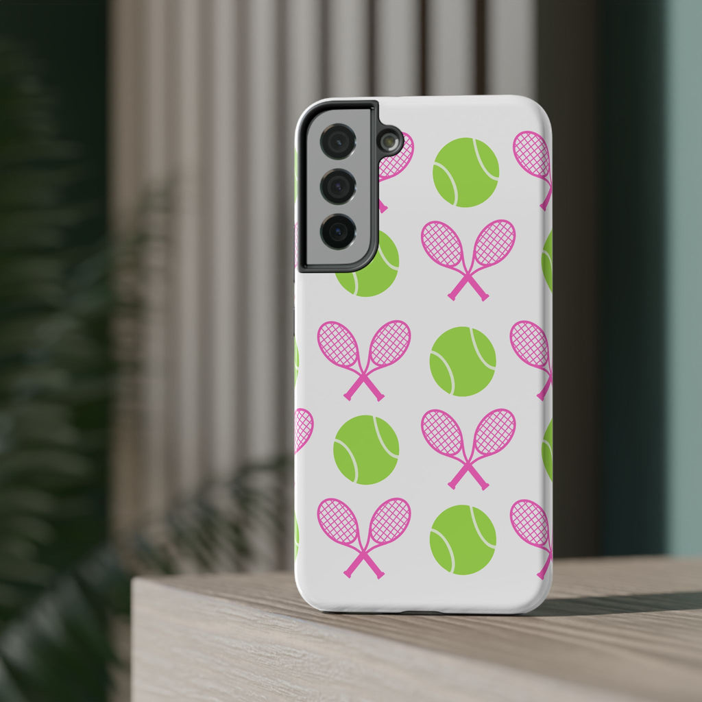 Tennis Pattern Impact-Resistant Phone Case — Pink Rackets & Green Balls