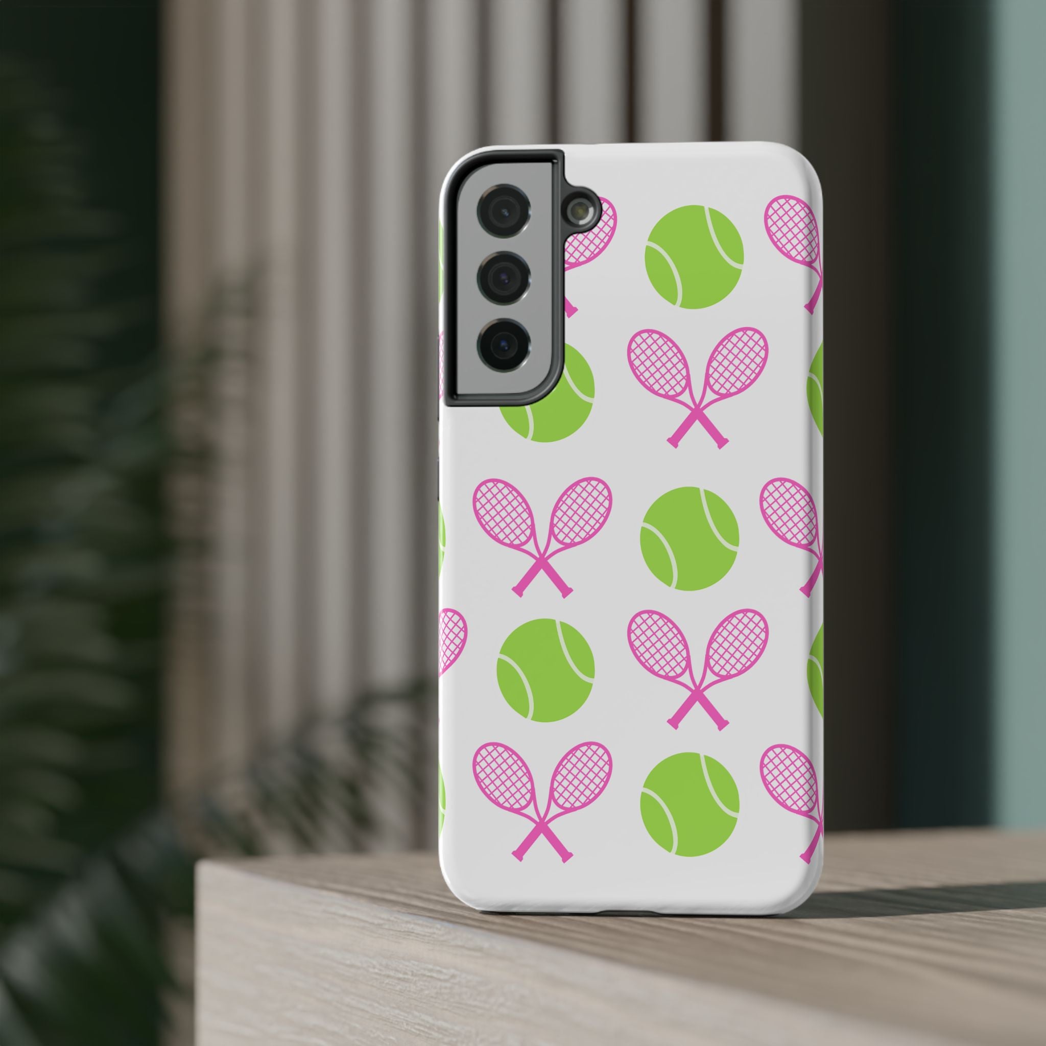 Tennis Pattern Impact-Resistant Phone Case — Pink Rackets & Green Balls