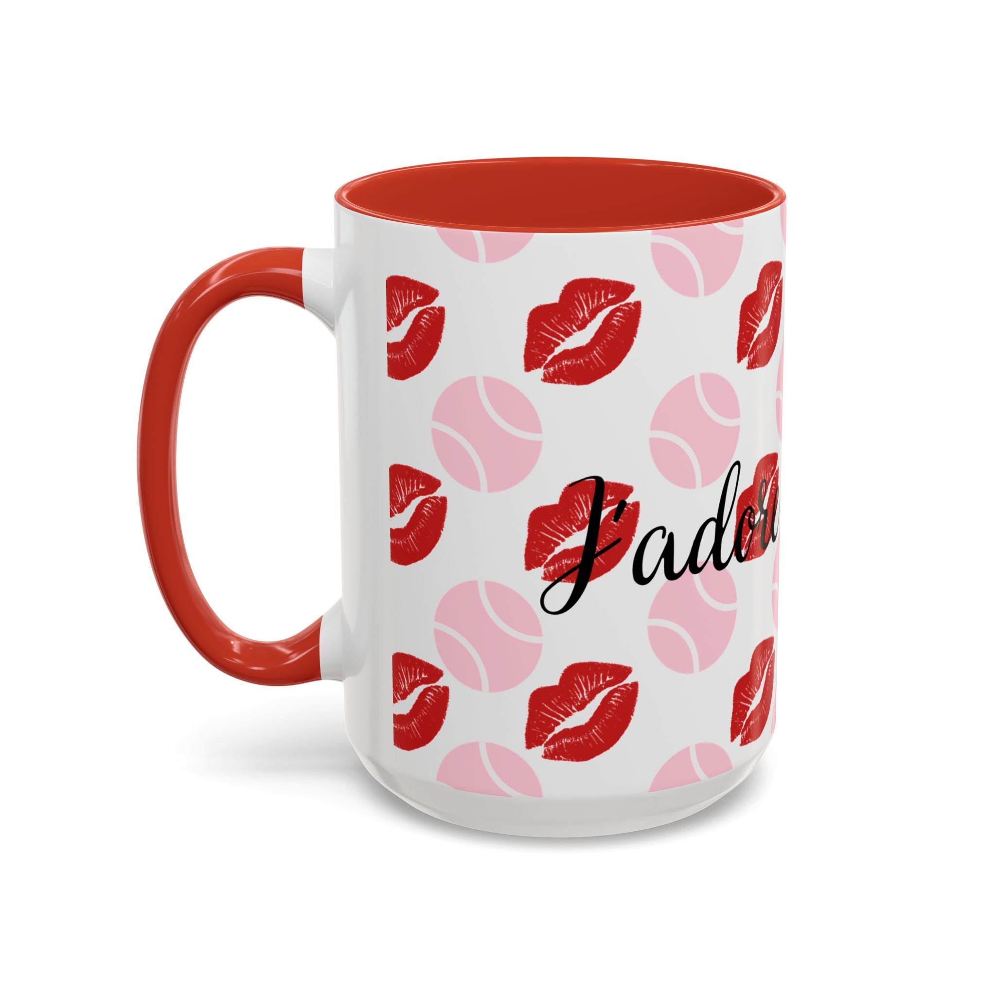 Tennis Kiss Accent Coffee Mug — 'Adore Le Tennis' Pink Balls & Red Lip Pattern (11/15 oz)