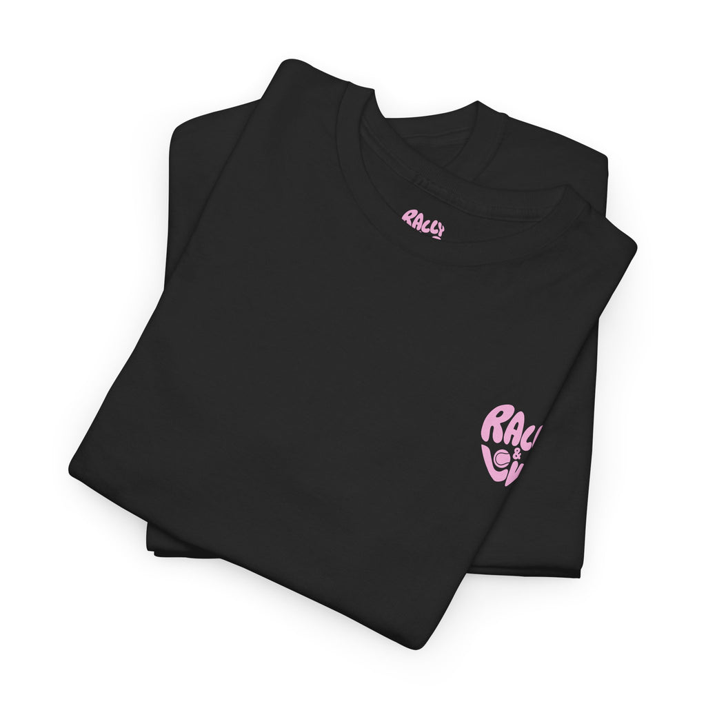 Women's Tee - Minimalist "Rally & Love" logo Chest Print (bubblegum pink)