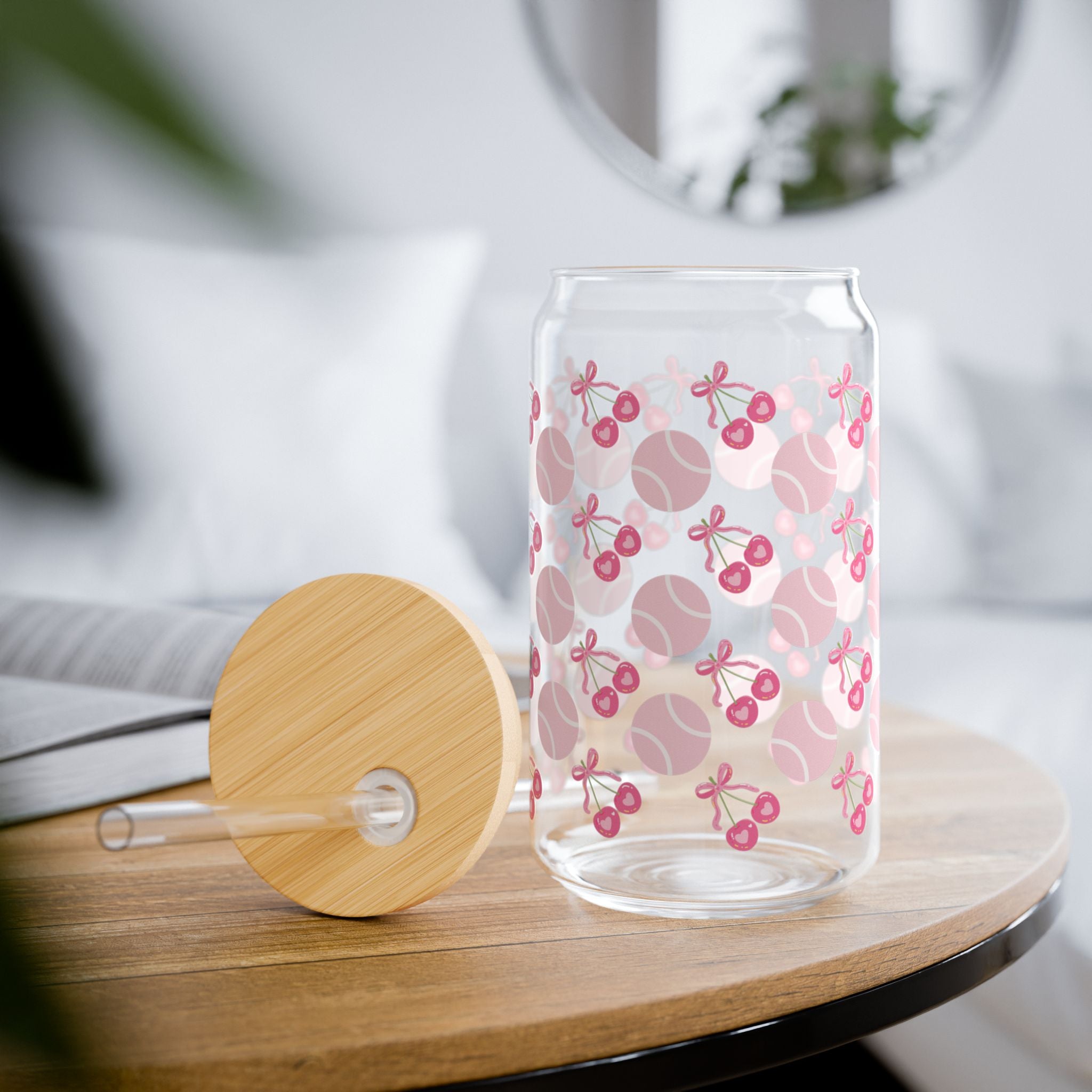 Sipper Glass, 16oz - cherries/pink tennis balls