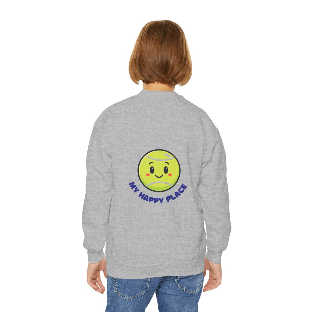 Boy's Junior Tennis Crewneck Sweatshirt — Cute Smiling Tennis Ball "My Happy Place"