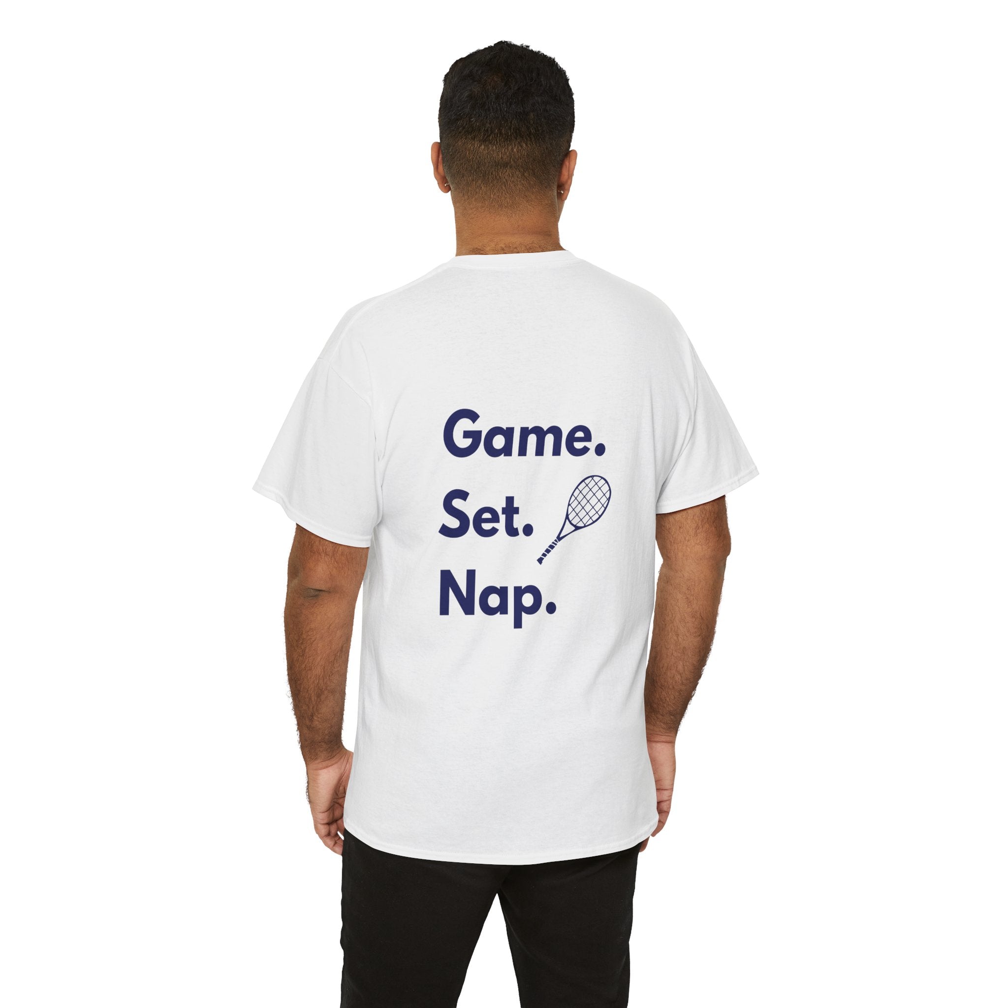 Men's T-Shirt — "Game. Set. Nap." Tennis Graphic Tee (navy)