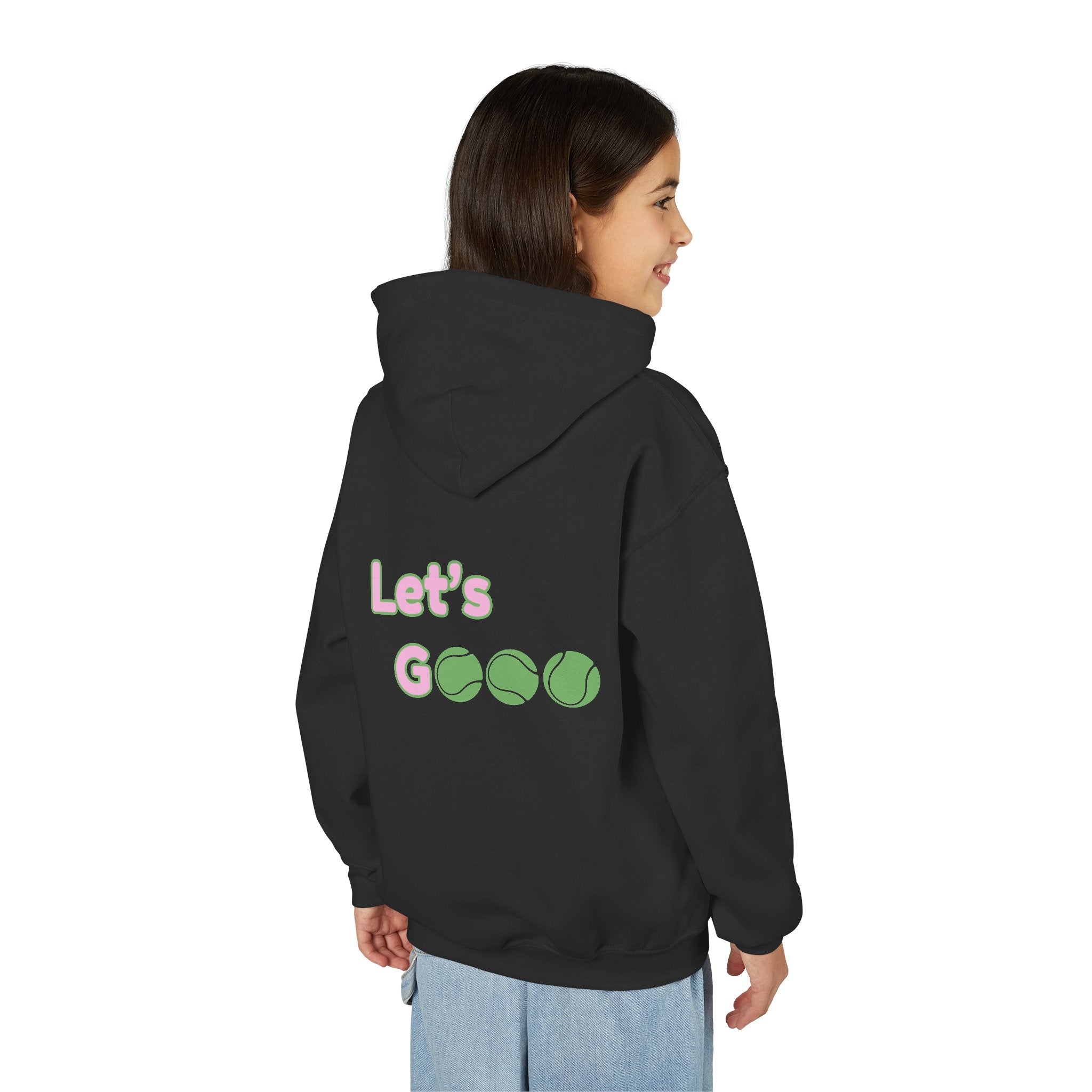 Girl's Junior Hoodie sweatshirt — “Let’s Go” Tennis Graphic Sweatshirt (Pink & Green)