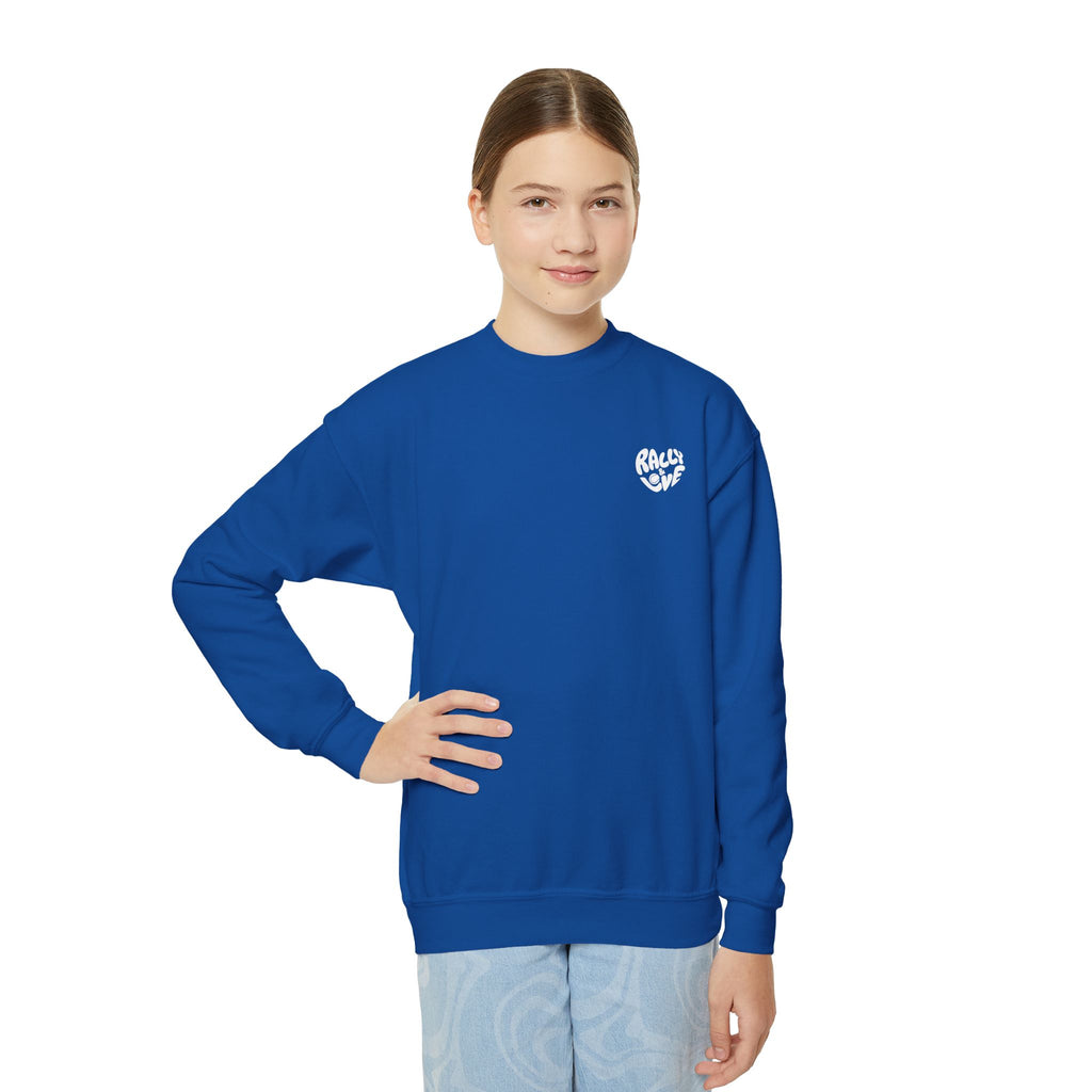 Girl's Junior Crewneck Sweatshirt — Cute Smiling Tennis Ball "My Happy Place" Kids Shirt