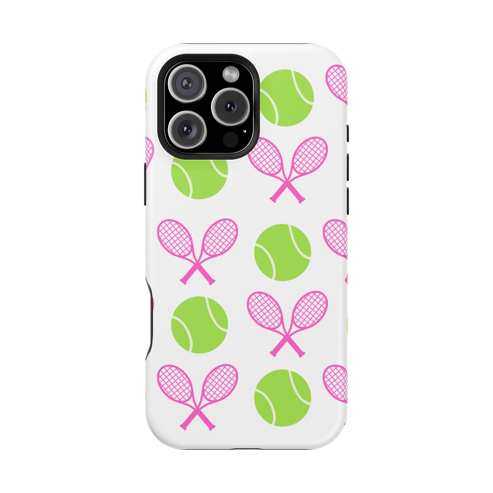 Tennis Pattern Impact-Resistant Phone Case — Pink Rackets & Green Balls
