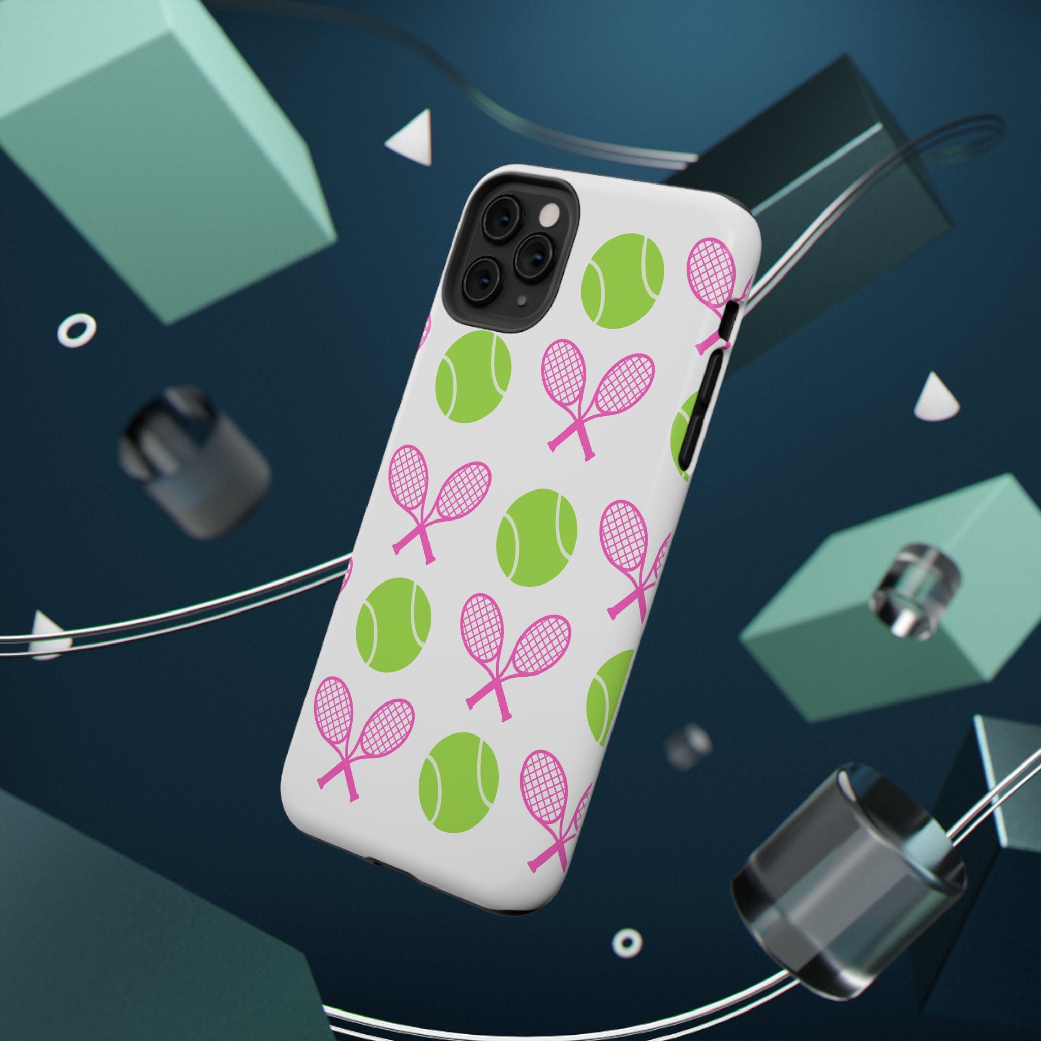 Tennis Pattern Impact-Resistant Phone Case — Pink Rackets & Green Balls