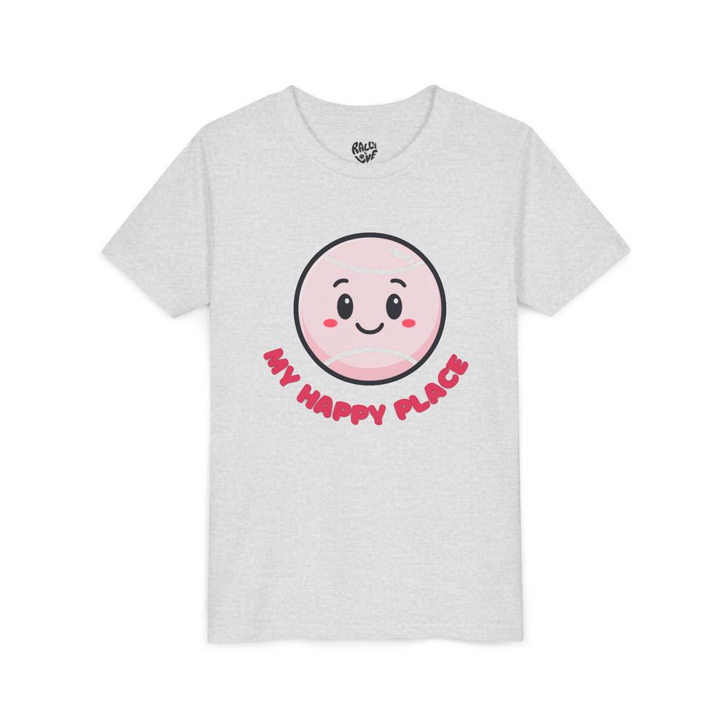 Girl's Junior Tee — Cute Smiling Tennis Ball "My Happy Place" Kids Shirt