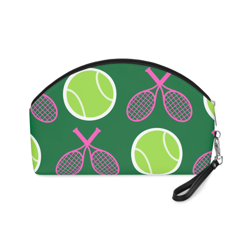 Tennis Makeup Bag — Green/Pink/Yellow Tennis Ball & Racket Cosmetic Pouch for Players