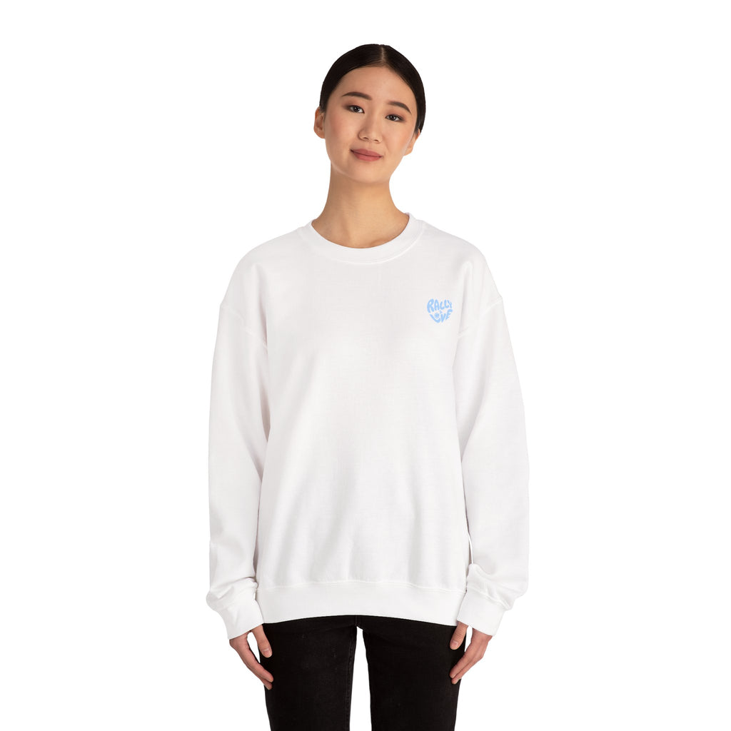 Women's Crewneck Sweatshirt — Minimal ‘Game Set Match’ Tennis Graphic (bubblegum blue)