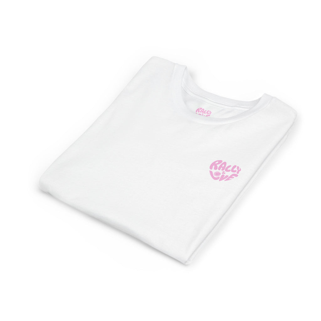Girl's Junior Tee — 'Rally & Love' Heart Graphic Kids T-Shirt (bubblegum pink)
