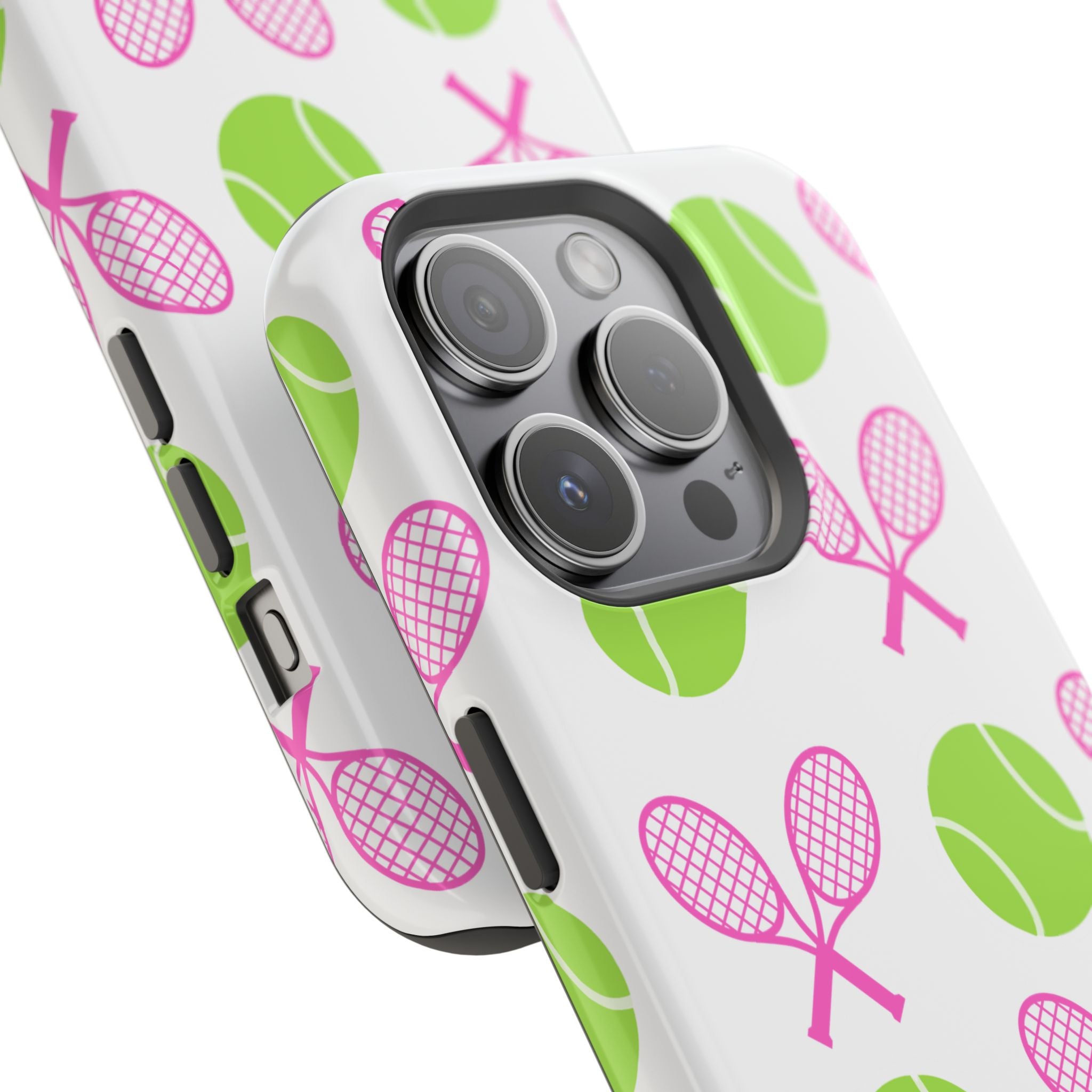 Tennis Pattern Impact-Resistant Phone Case — Pink Rackets & Green Balls