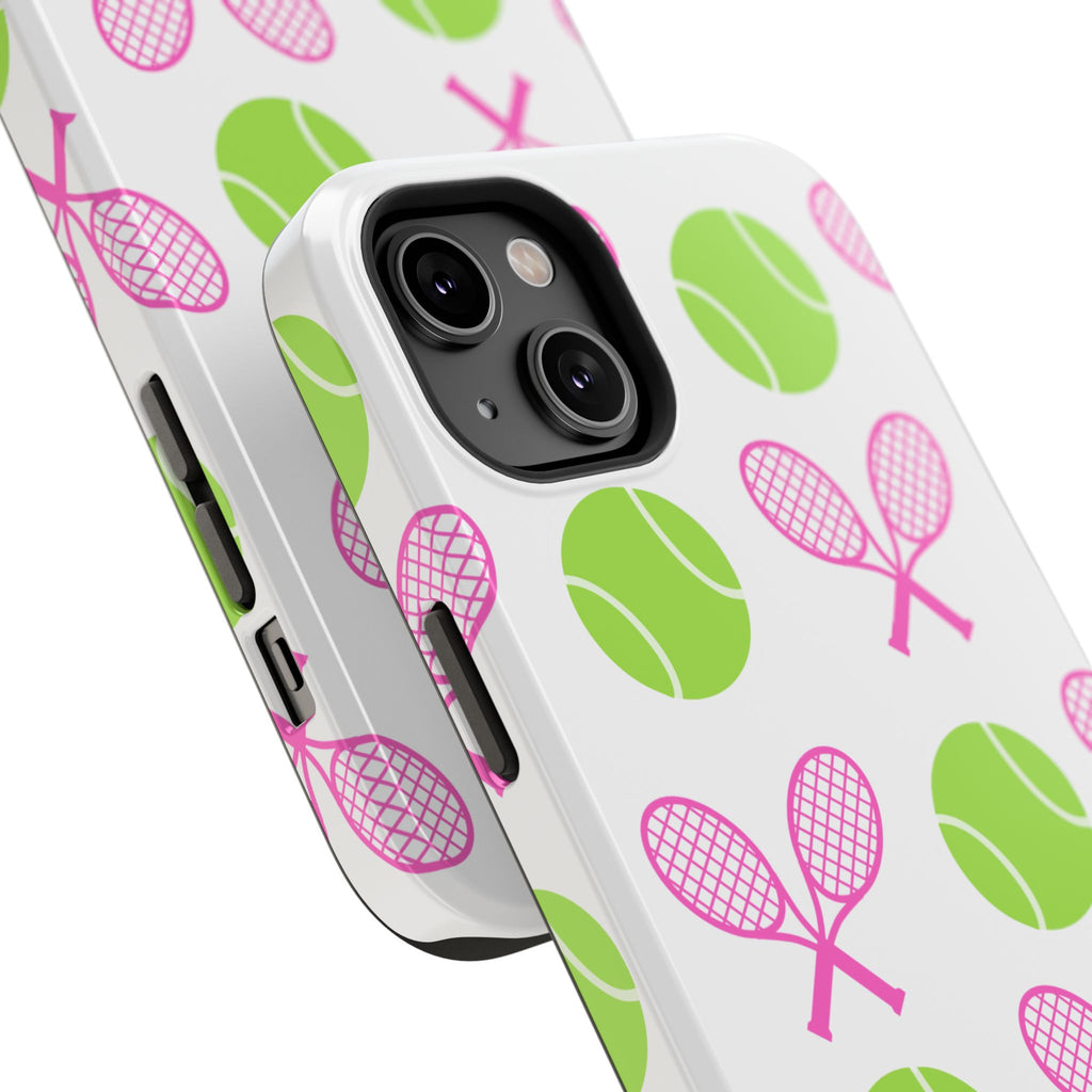 Tennis Pattern Impact-Resistant Phone Case — Pink Rackets & Green Balls