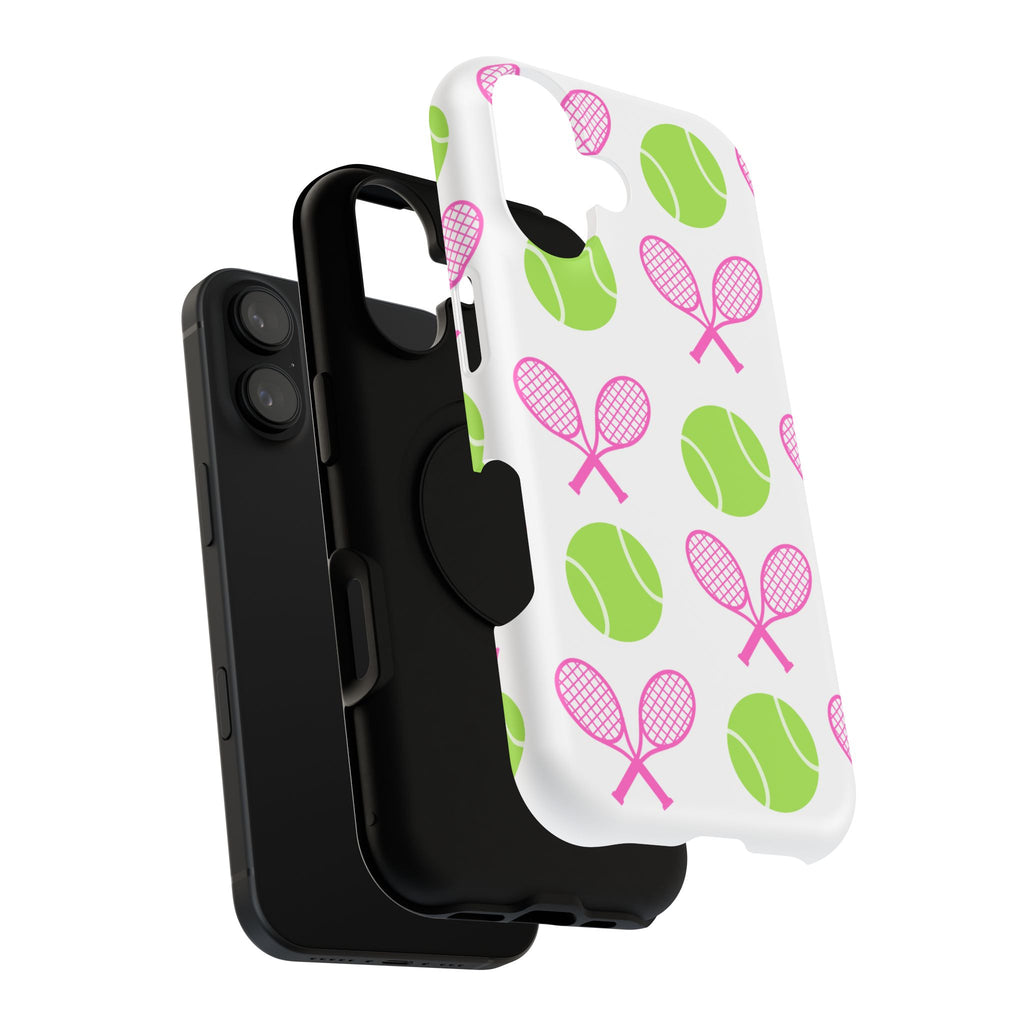 Tennis Pattern Impact-Resistant Phone Case — Pink Rackets & Green Balls