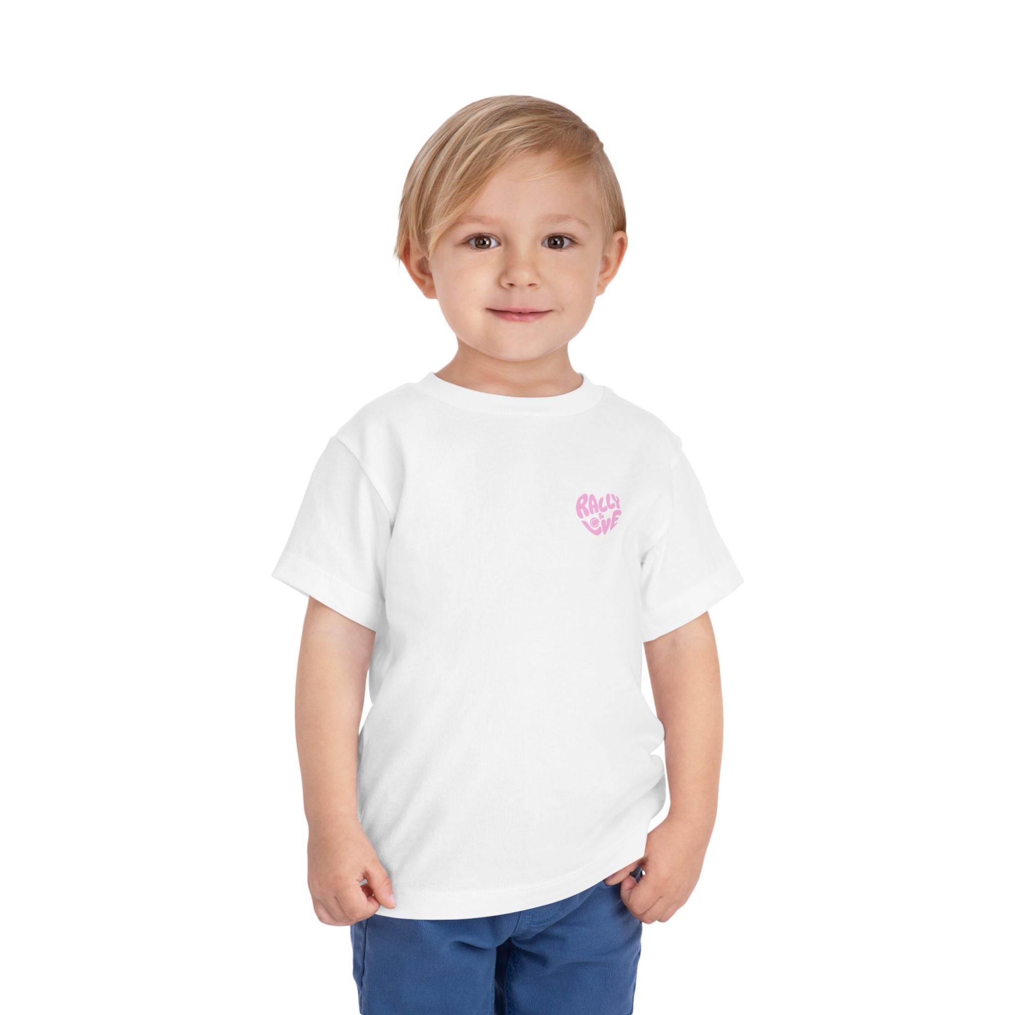 Girl's Toddler Junior Tee — 'Rally & Love' Heart Graphic Kids T-Shirt (bubblegum pink)