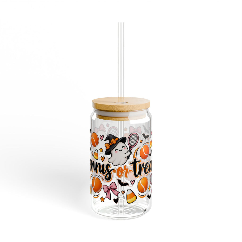 Halloween Tennis Sipper Glass, 16oz — 'Tennis-or-Treat' Cute Ghosts & Candy Corn