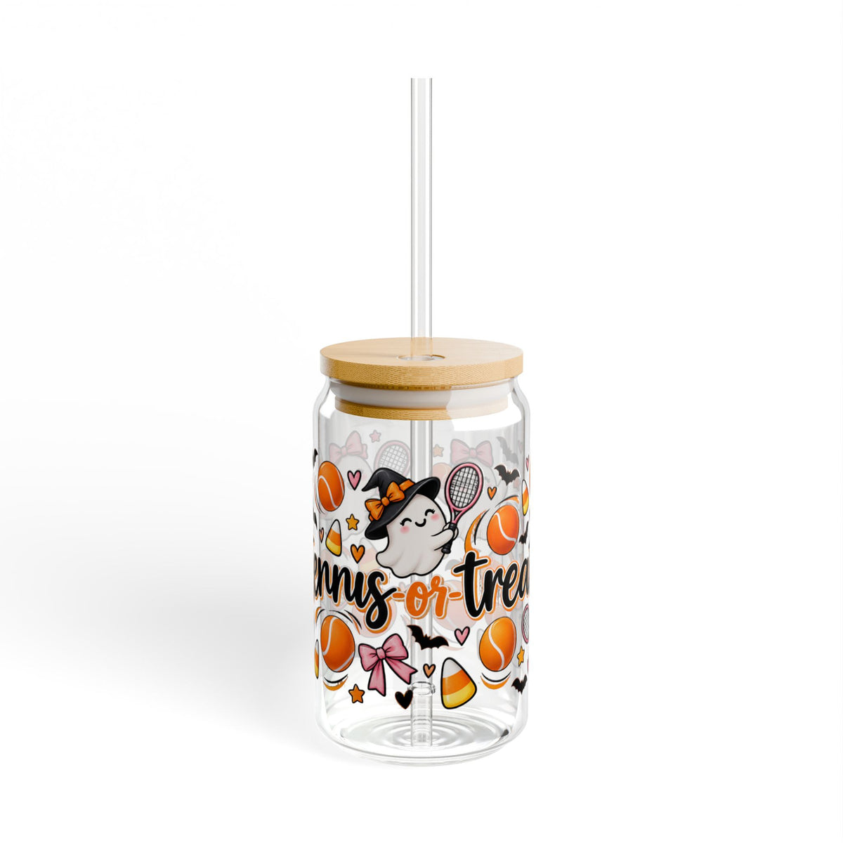Halloween Tennis Sipper Glass, 16oz — 'Tennis-or-Treat' Cute Ghosts & Candy Corn