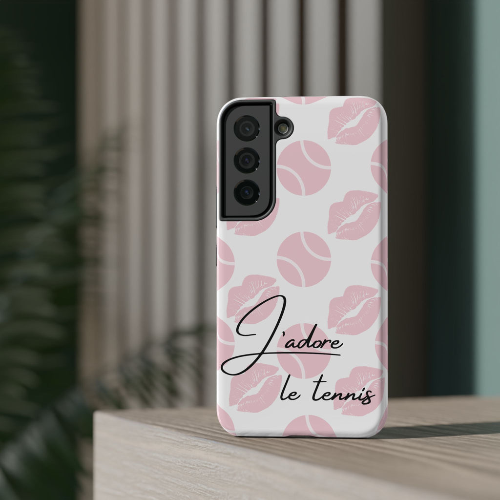 Impact-Resistant Phone Case - 'J'adore le tennis', pink tennis balls/lips