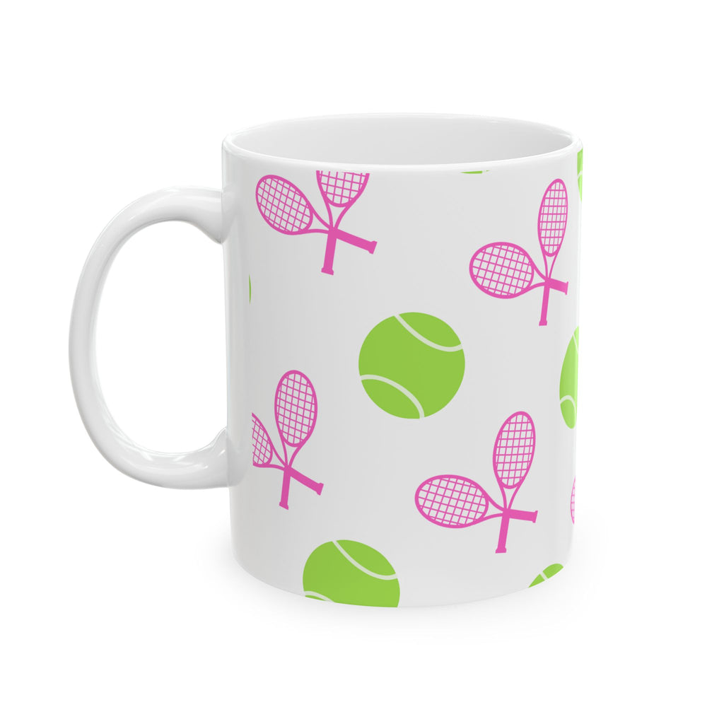 Pink/Green Tennis Racket & Ball Ceramic Mug — 11oz/15oz Sports Gift