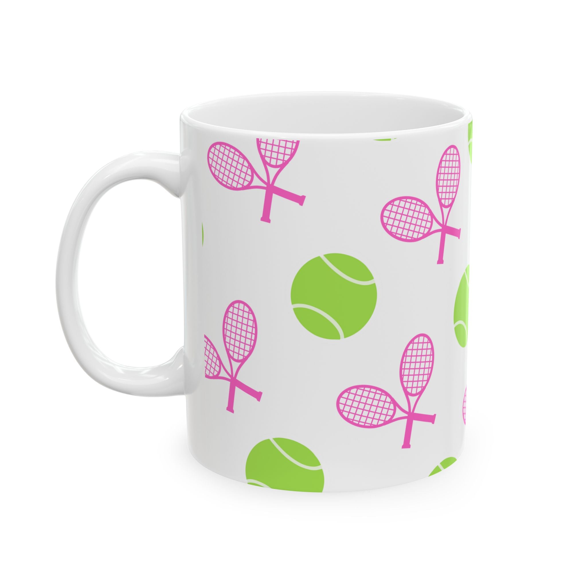 Pink/Green Tennis Racket & Ball Ceramic Mug — 11oz/15oz Sports Gift