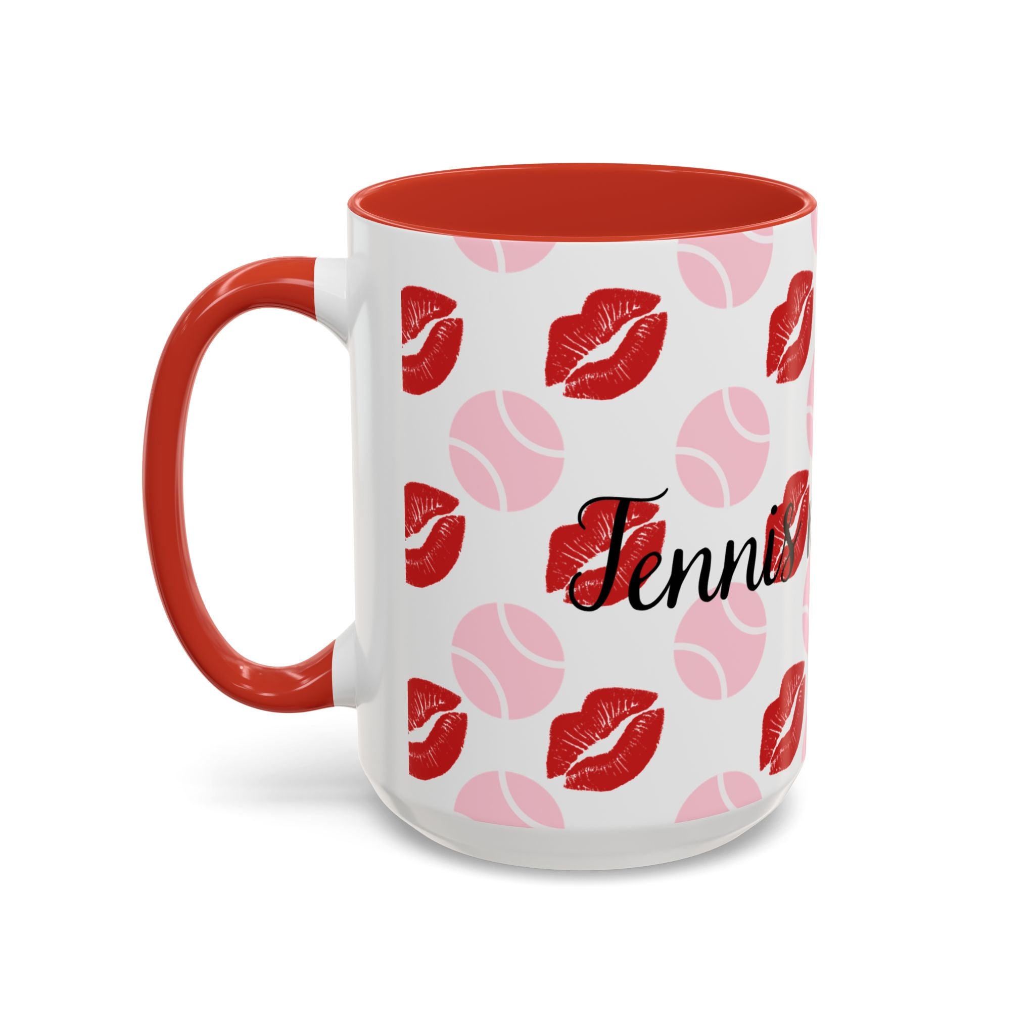 Tennis Kiss Accent Coffee Mug — 'Tennis mi amore' Pink Lip & Ball Pattern (11/15oz)