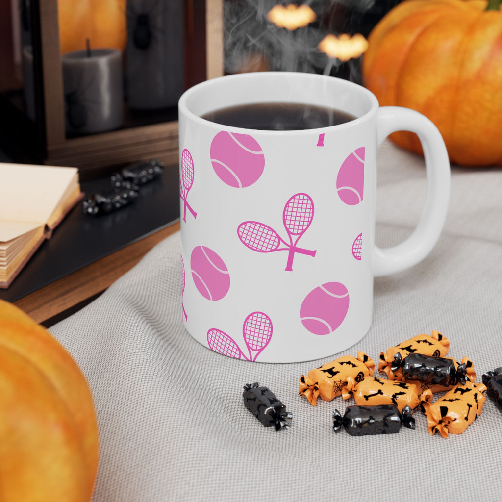 Pink Tennis Racket & Ball Ceramic Mug — 11oz/15oz Sports Gift