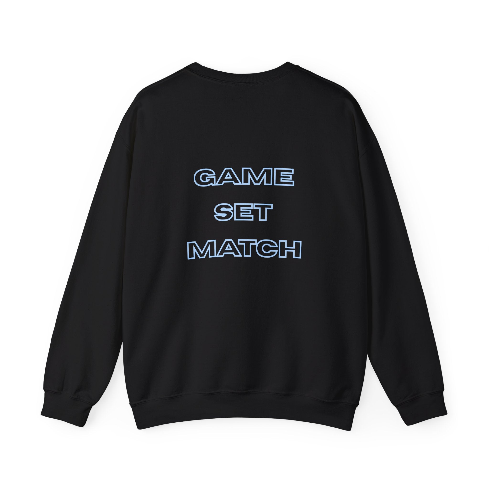 Women's Crewneck Sweatshirt — Minimal ‘Game Set Match’ Tennis Graphic (bubblegum blue)