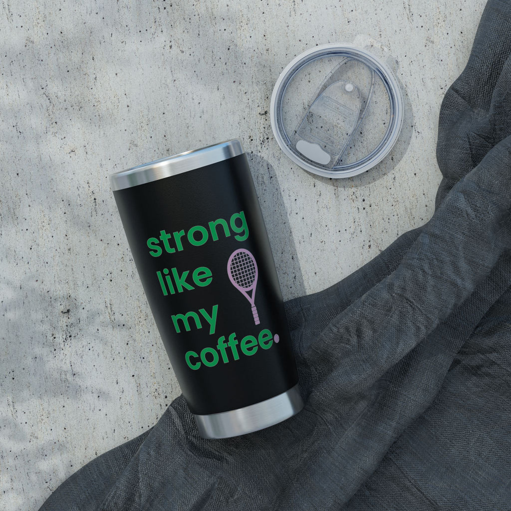20oz Coffee Tumbler — "Strong Like My Coffee" Tennis Graphic Insulated Travel Cup (bubblegum pink/green)