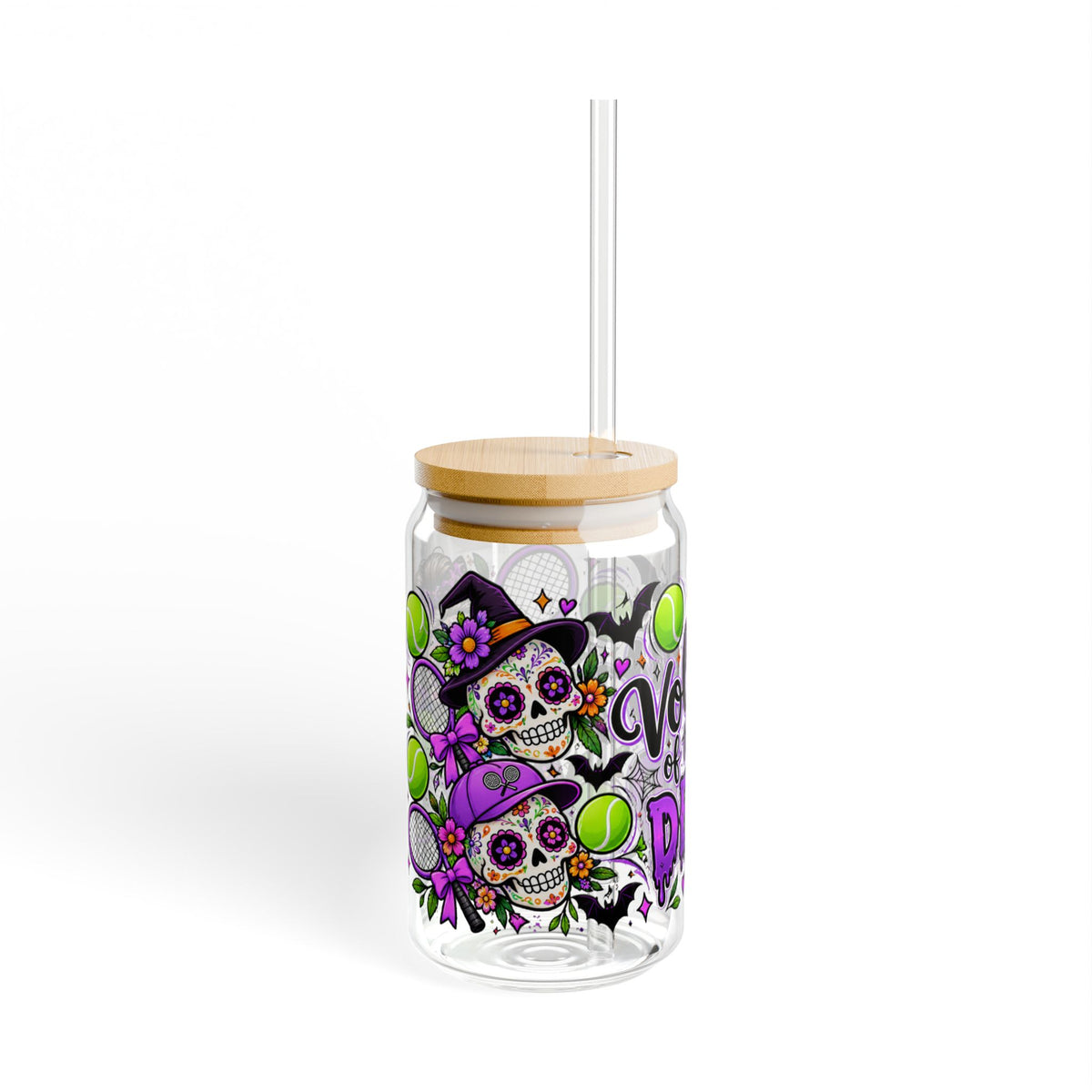 Halloween Sugar Skull Tennis Sipper Glass 16oz - 'Volley of the Dead' Halloween Sugar Skull