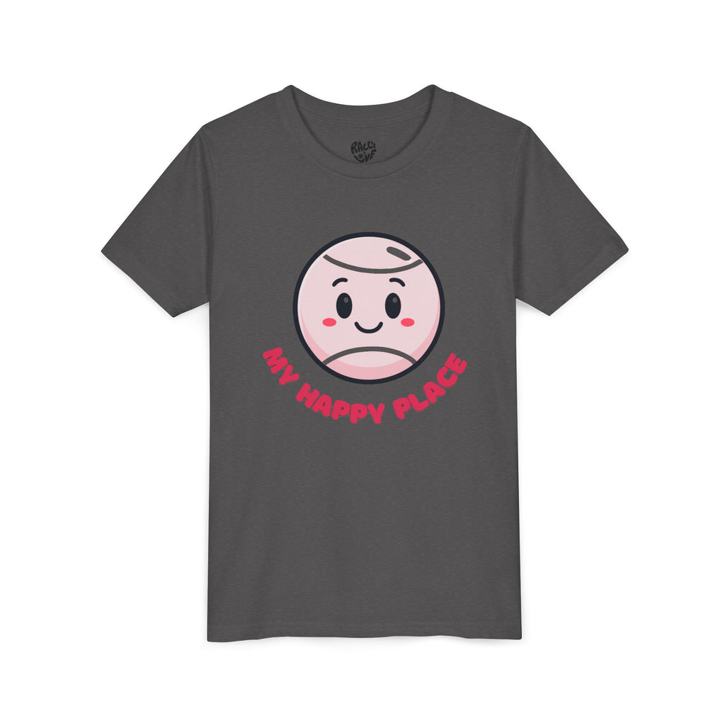 Girl's Junior Tee — Cute Smiling Tennis Ball "My Happy Place" Kids Shirt