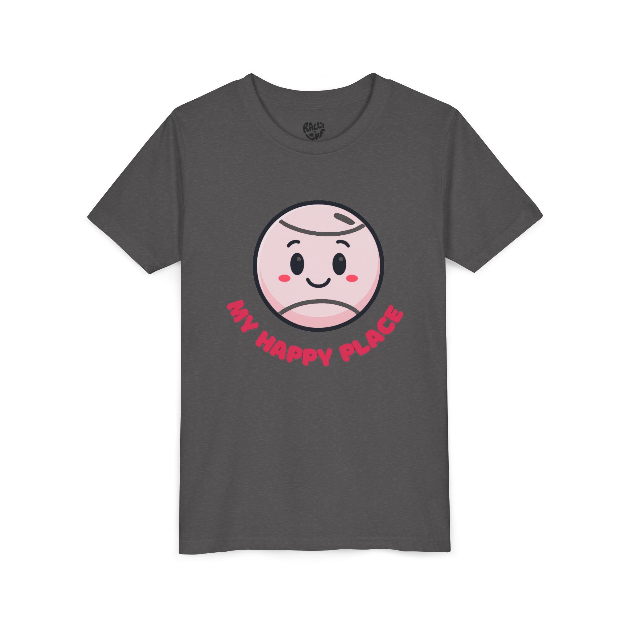 Girl's Junior Tee — Cute Smiling Tennis Ball "My Happy Place" Kids Shirt