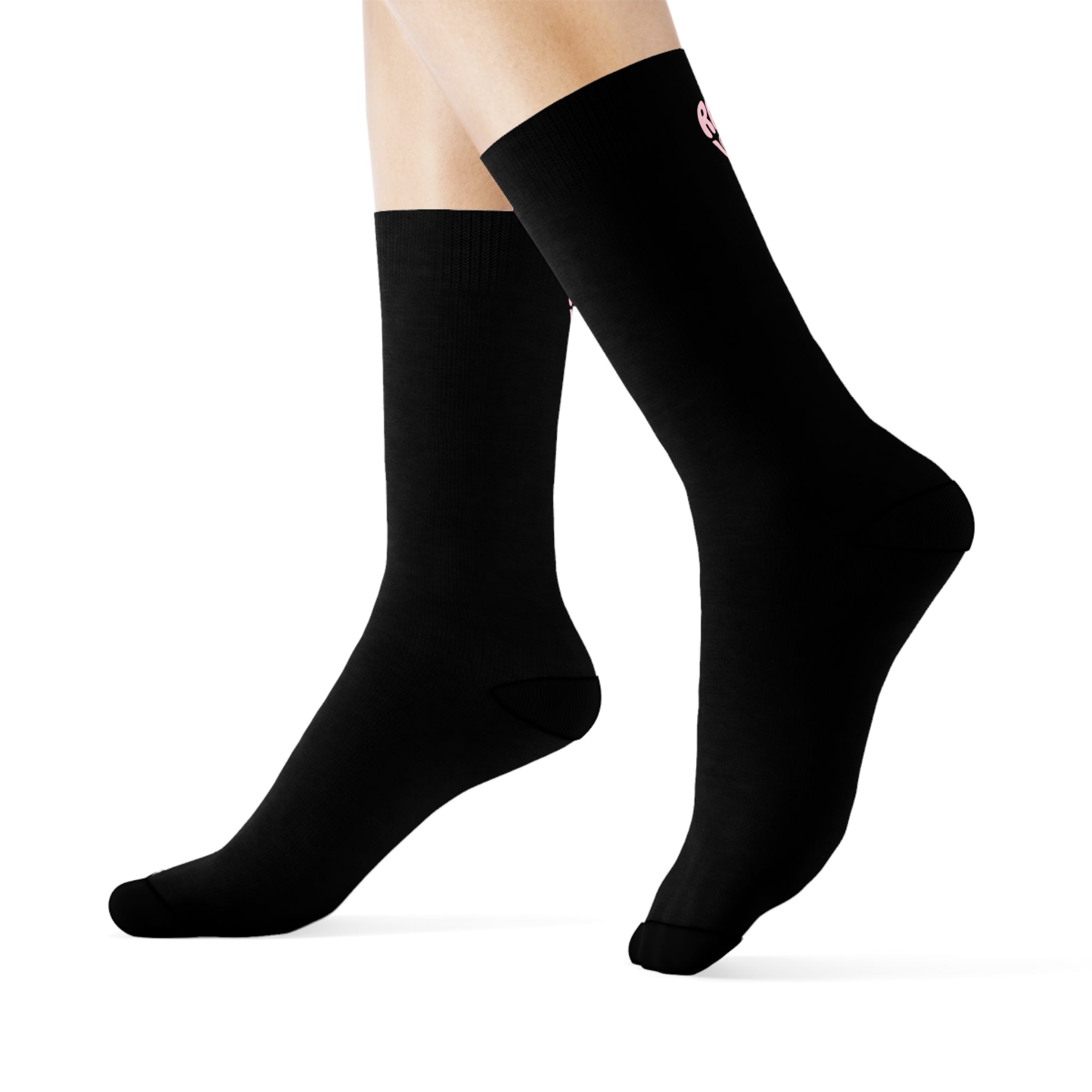 Women's Socks — Black/'Rally & Love' Pink Heart Graphic Cotton Crew Socks