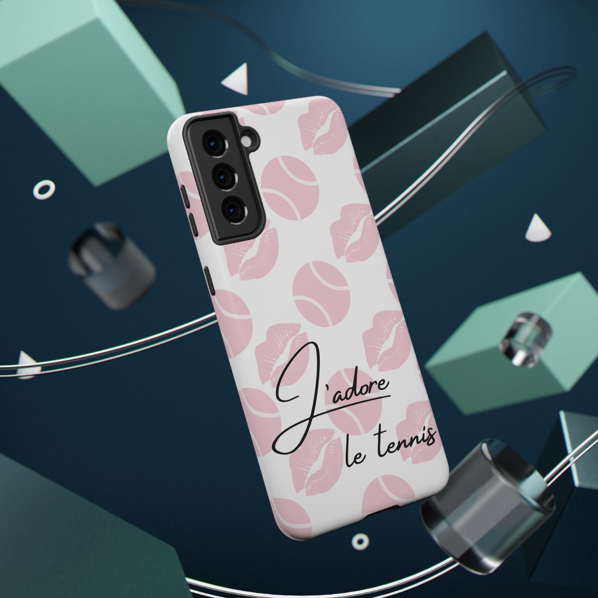 Impact-Resistant Phone Case - 'J'adore le tennis', pink tennis balls/lips