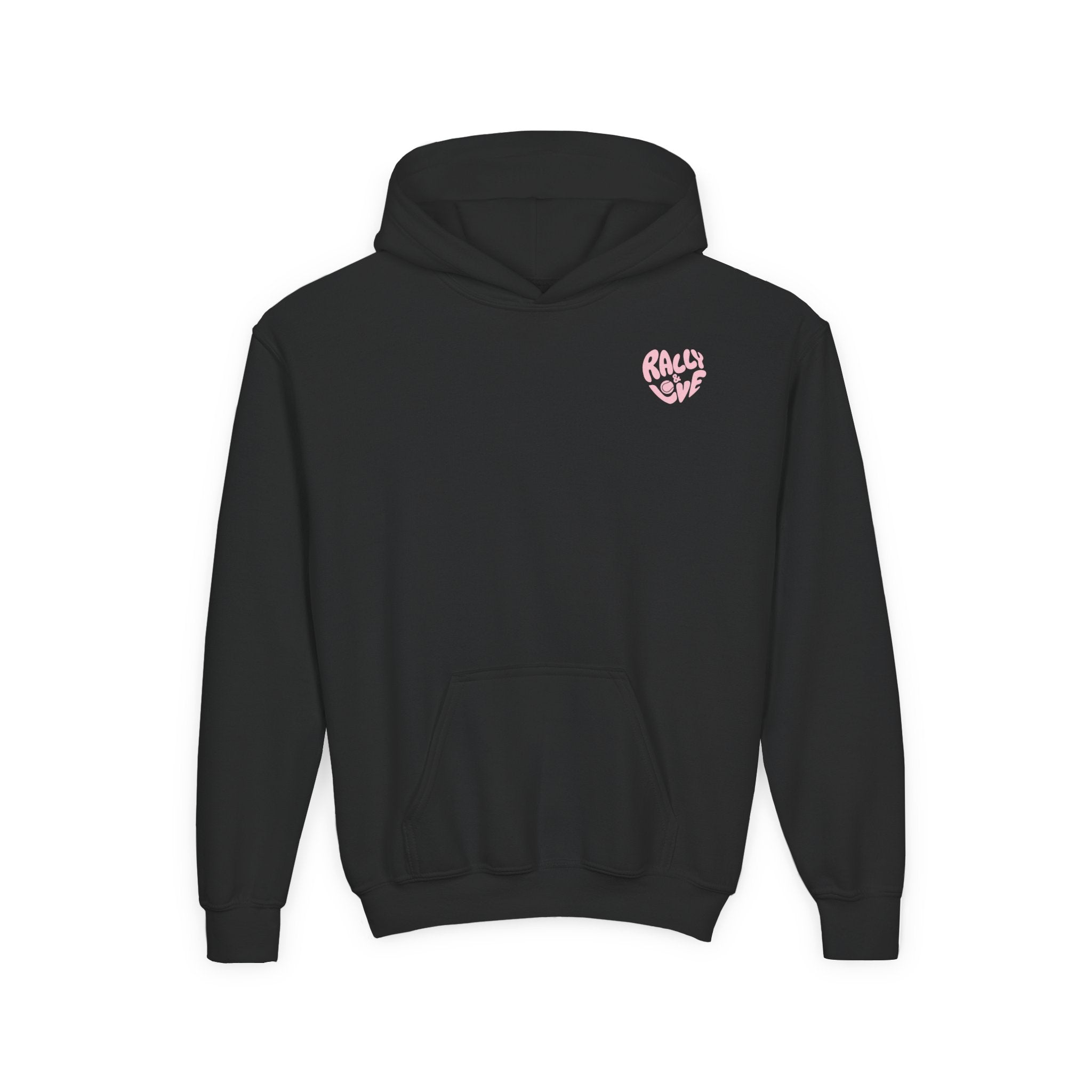 Girl's Junior Hoodie sweatshirt — "Rally & Love" Heart Chest Tennis Graphic Sweatshirt (Pink logo)