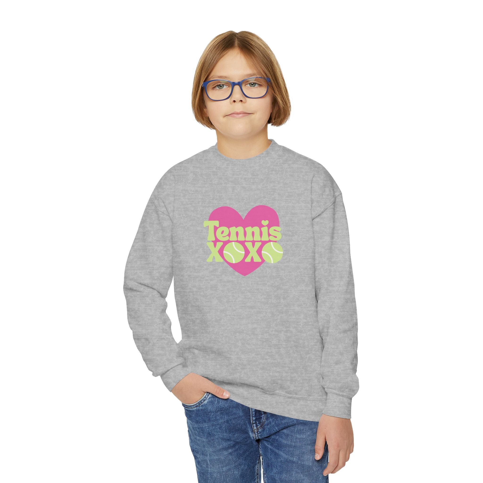 Girl Junior's Crewneck Sweatshirt — Pink Heart “Tennis XOXO” Graphic sweatshirt