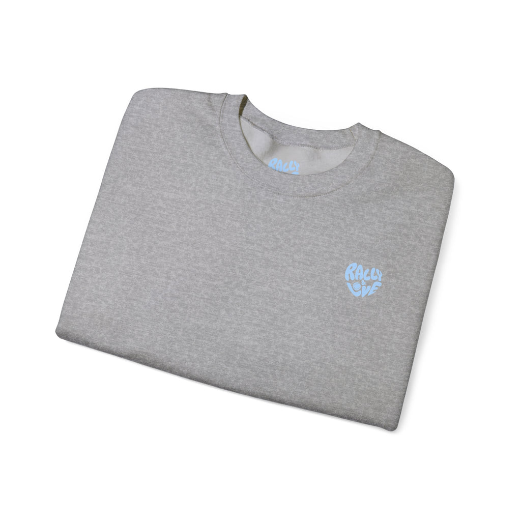 Women's Crewneck Sweatshirt — Minimal ‘Game Set Match’ Tennis Graphic (bubblegum blue)