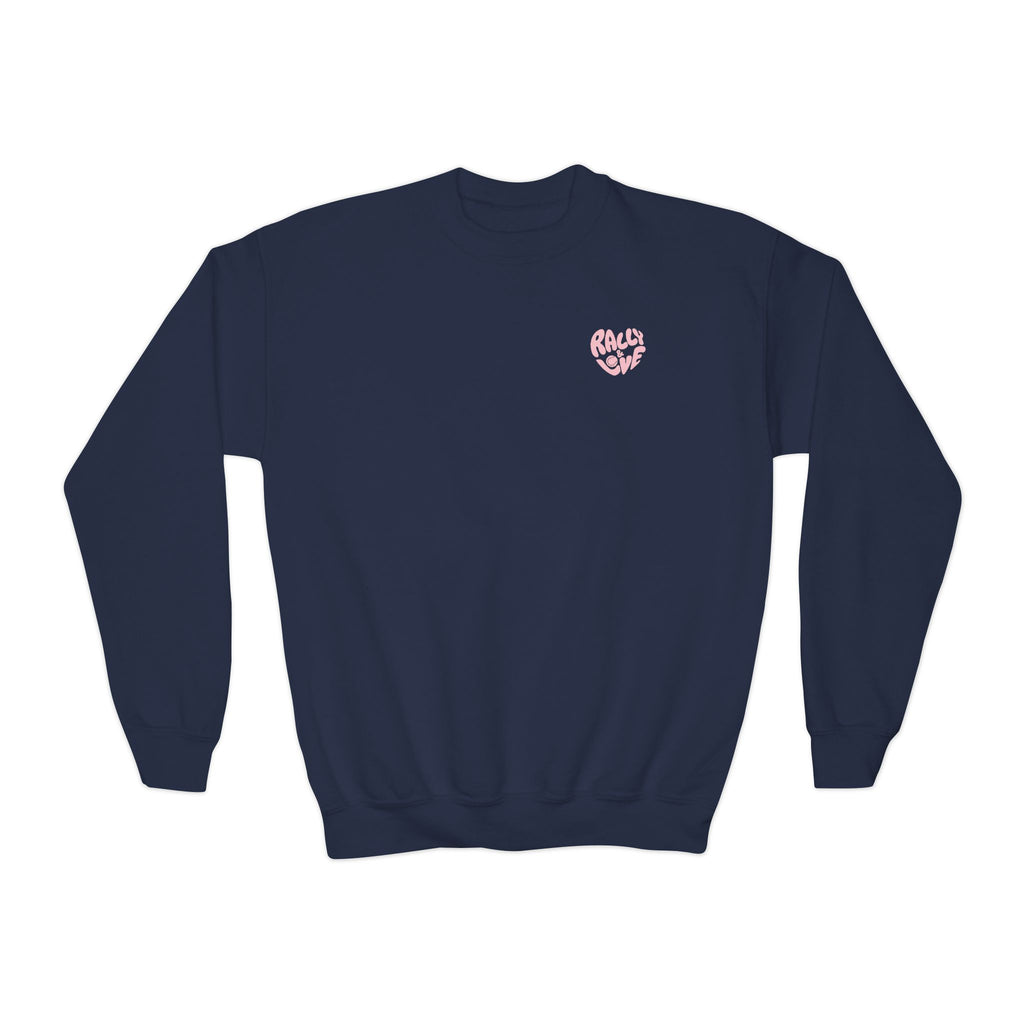 Girls Junior Tennis Crewneck Sweatshirt — 'Rally & Love' logo (bubblegum pink)