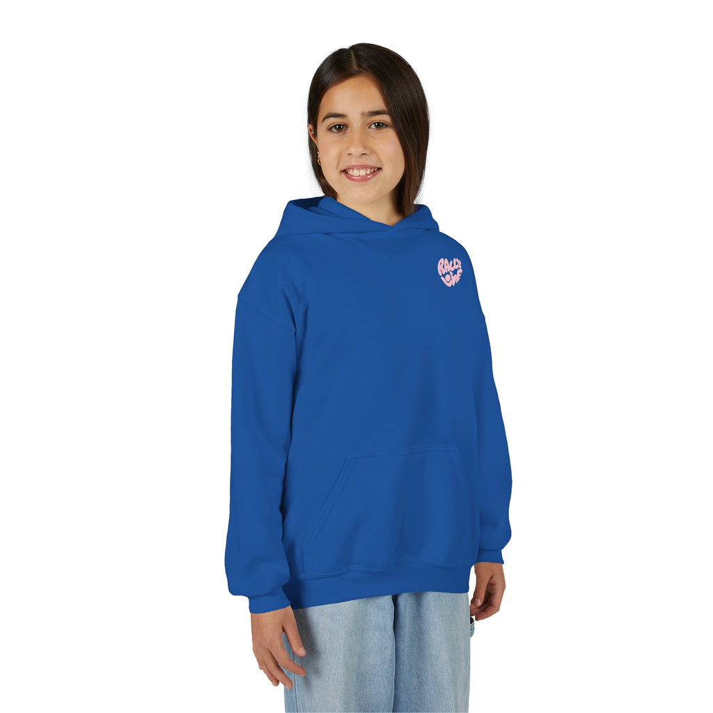 Girl's Junior Hoodie sweatshirt — "Rally & Love" Heart Chest Tennis Graphic Sweatshirt (Pink logo)