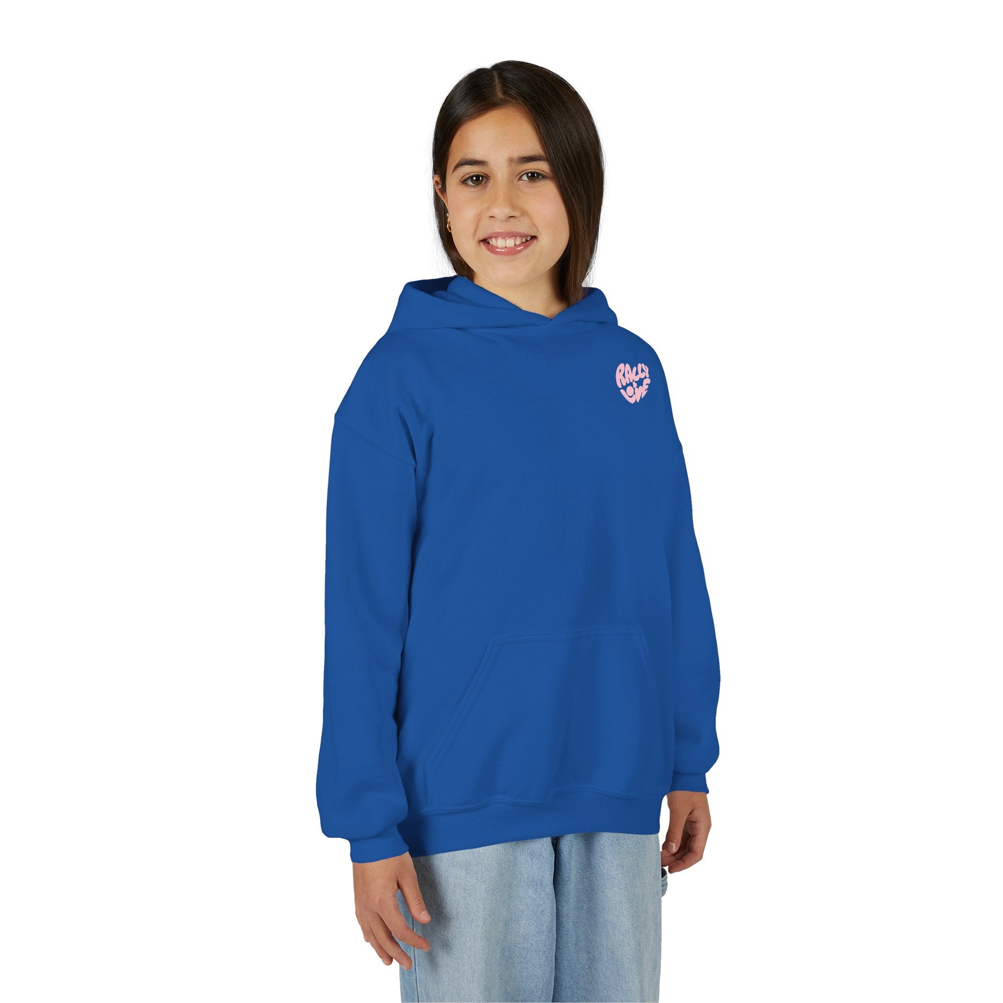Girl's Junior Hoodie sweatshirt — "Rally & Love" Heart Chest Tennis Graphic Sweatshirt (Pink logo)